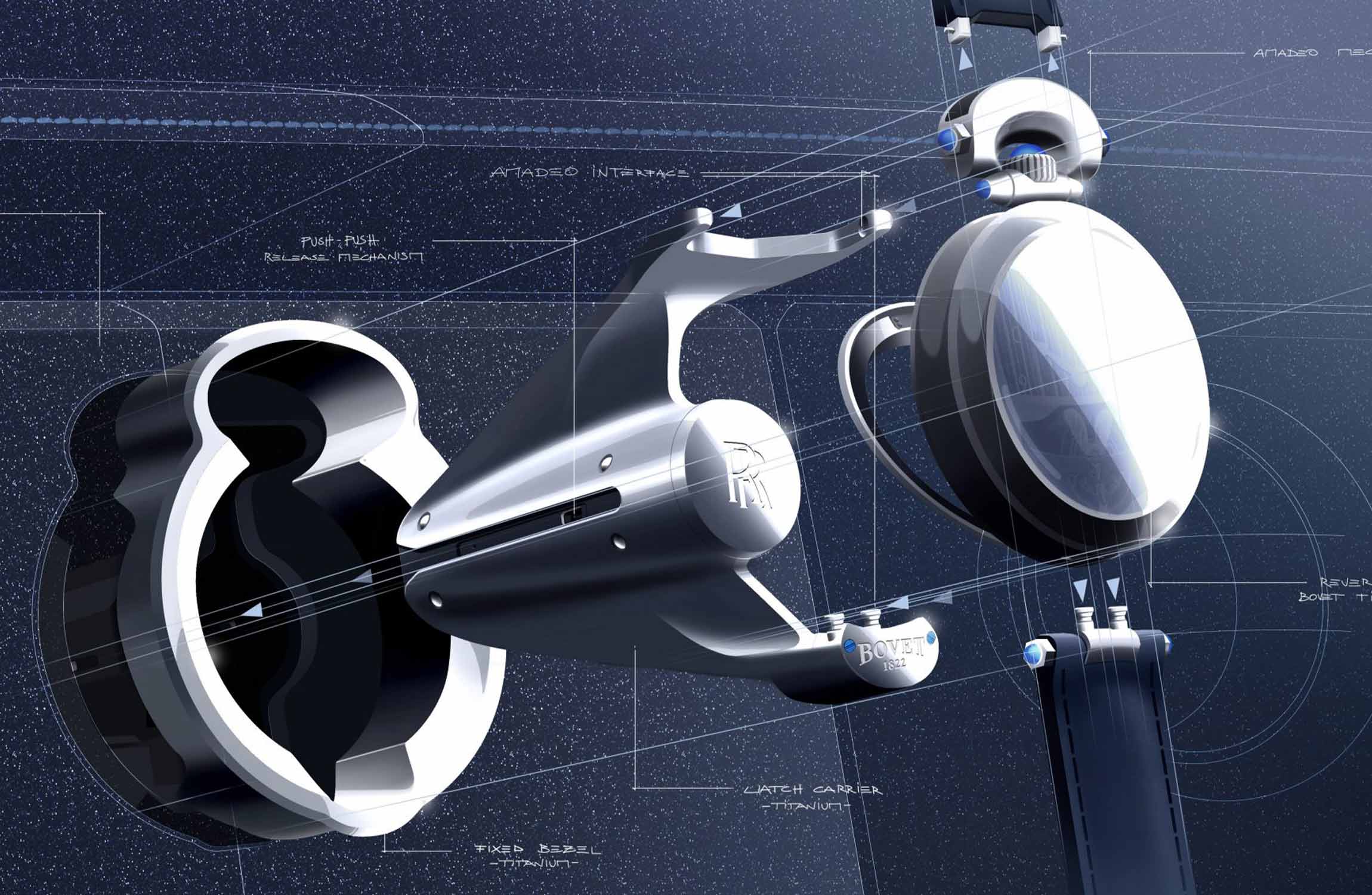 Technical integration design of Bovet bespoke watch created for Rolls-Royce Boat Tail, showing Amadeo convertible mechanism and custom mounting system