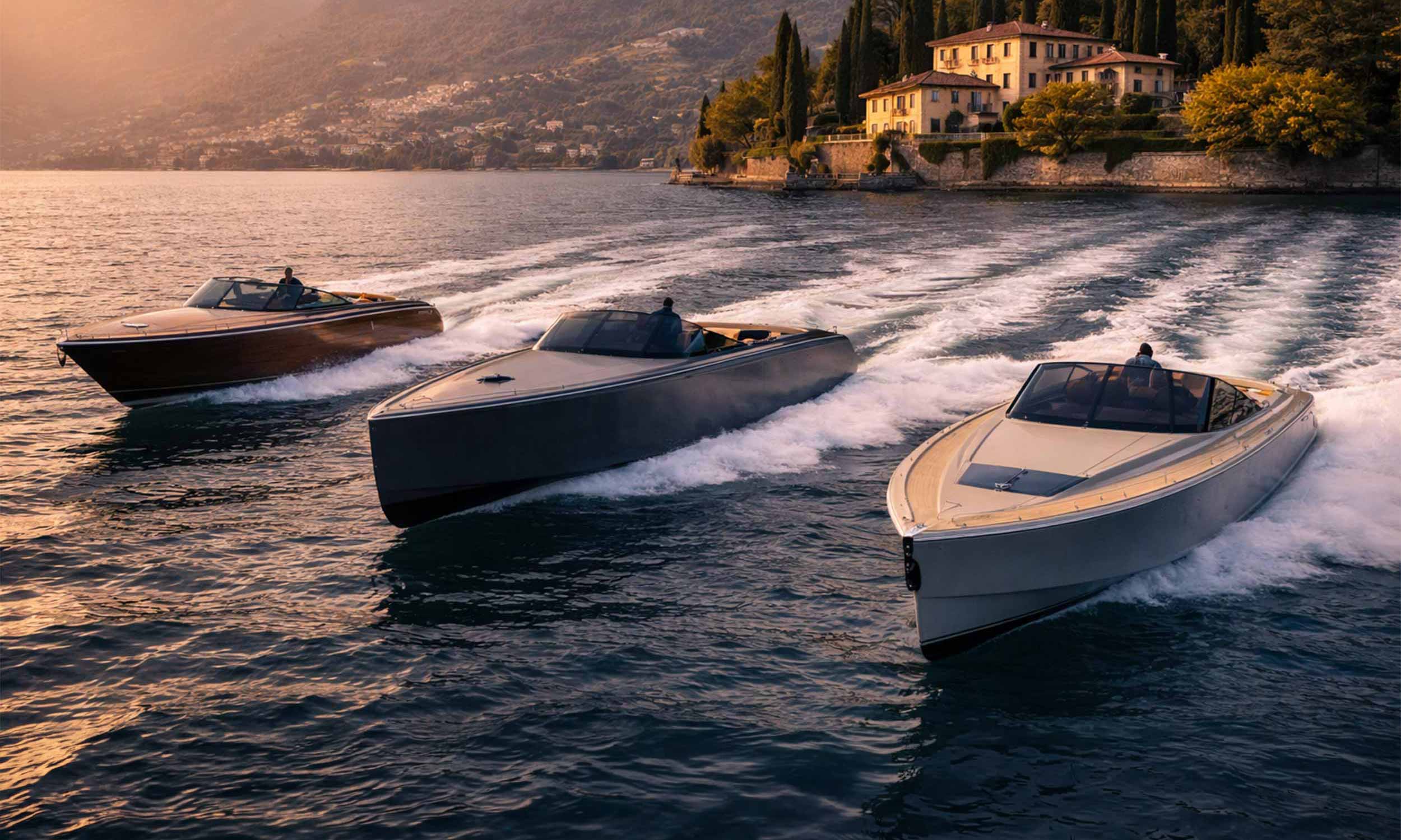 Luxury day boats from Riva VanDutch and Wajer cruising in clear blue water