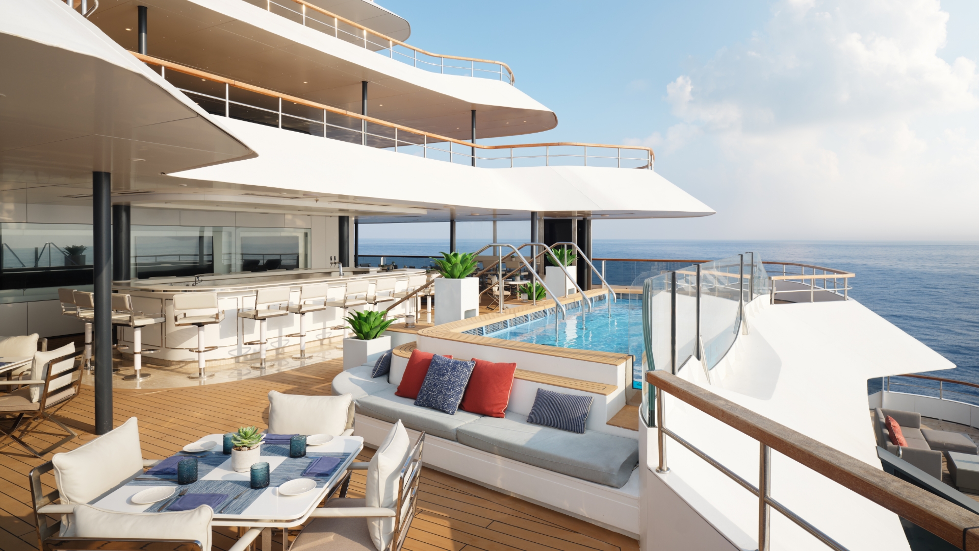 luxury interior lounge aboard Ritz-Carlton Yacht Collection Evrima