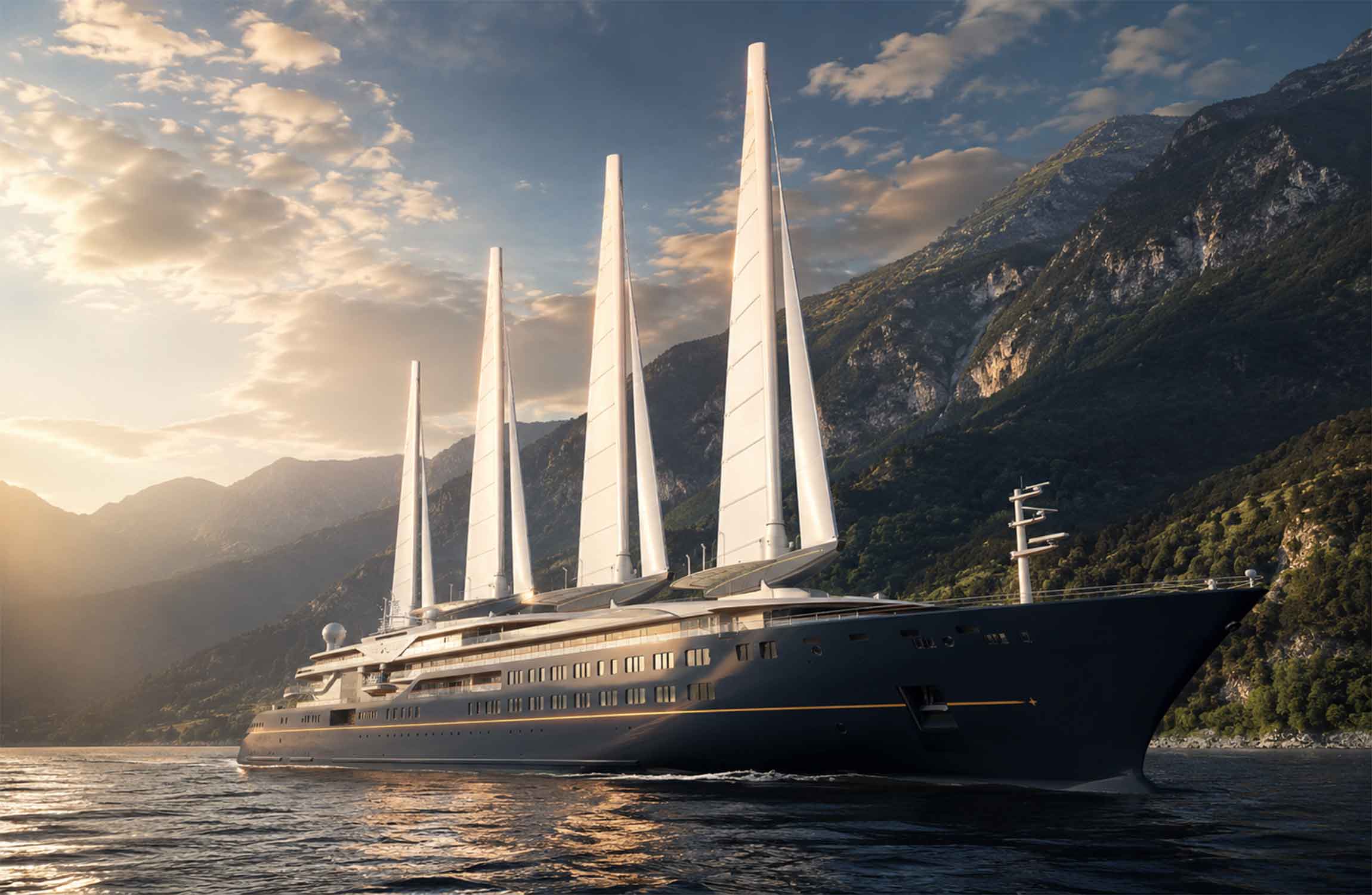 Orient Express Corinthian ultra-luxury sailing yacht at sunset