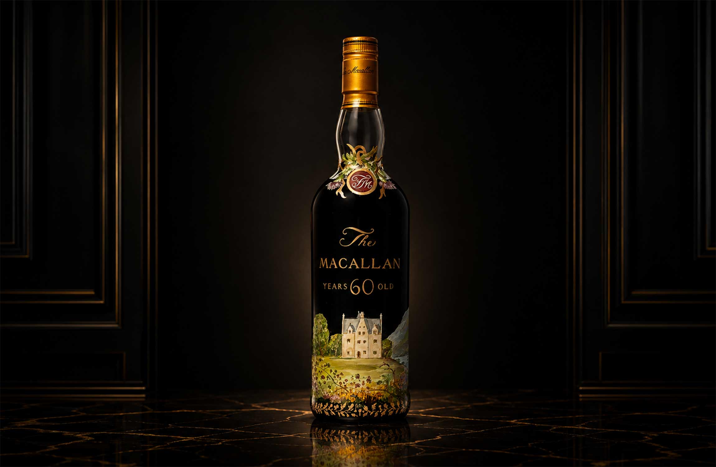 Rare Macallan 60 Years Old whisky bottle displayed in a dramatic black luxury setting with golden lighting.