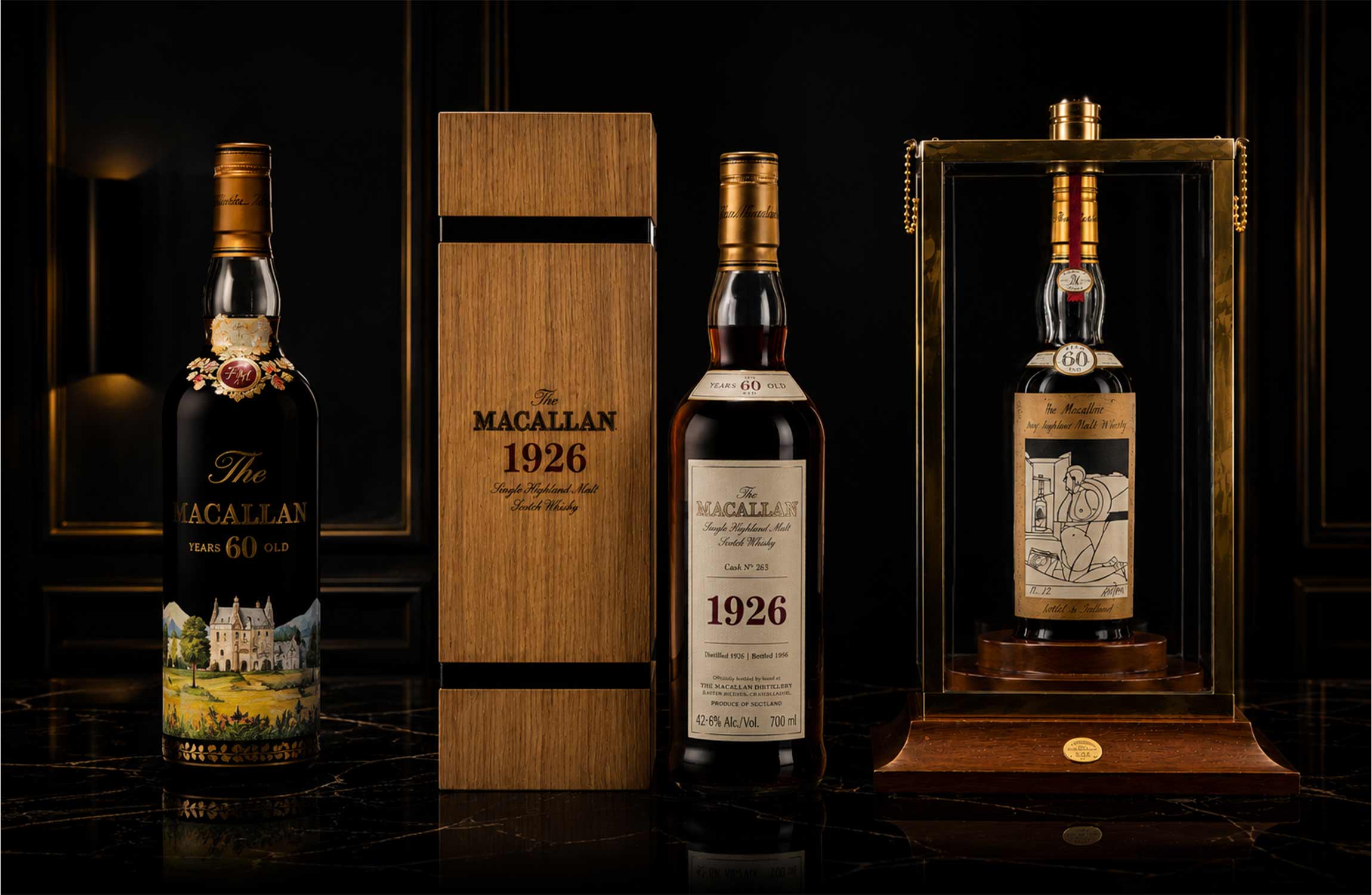 Collection of ultra-rare Macallan 1926 whisky bottles displayed in a luxury black setting with dramatic golden lighting