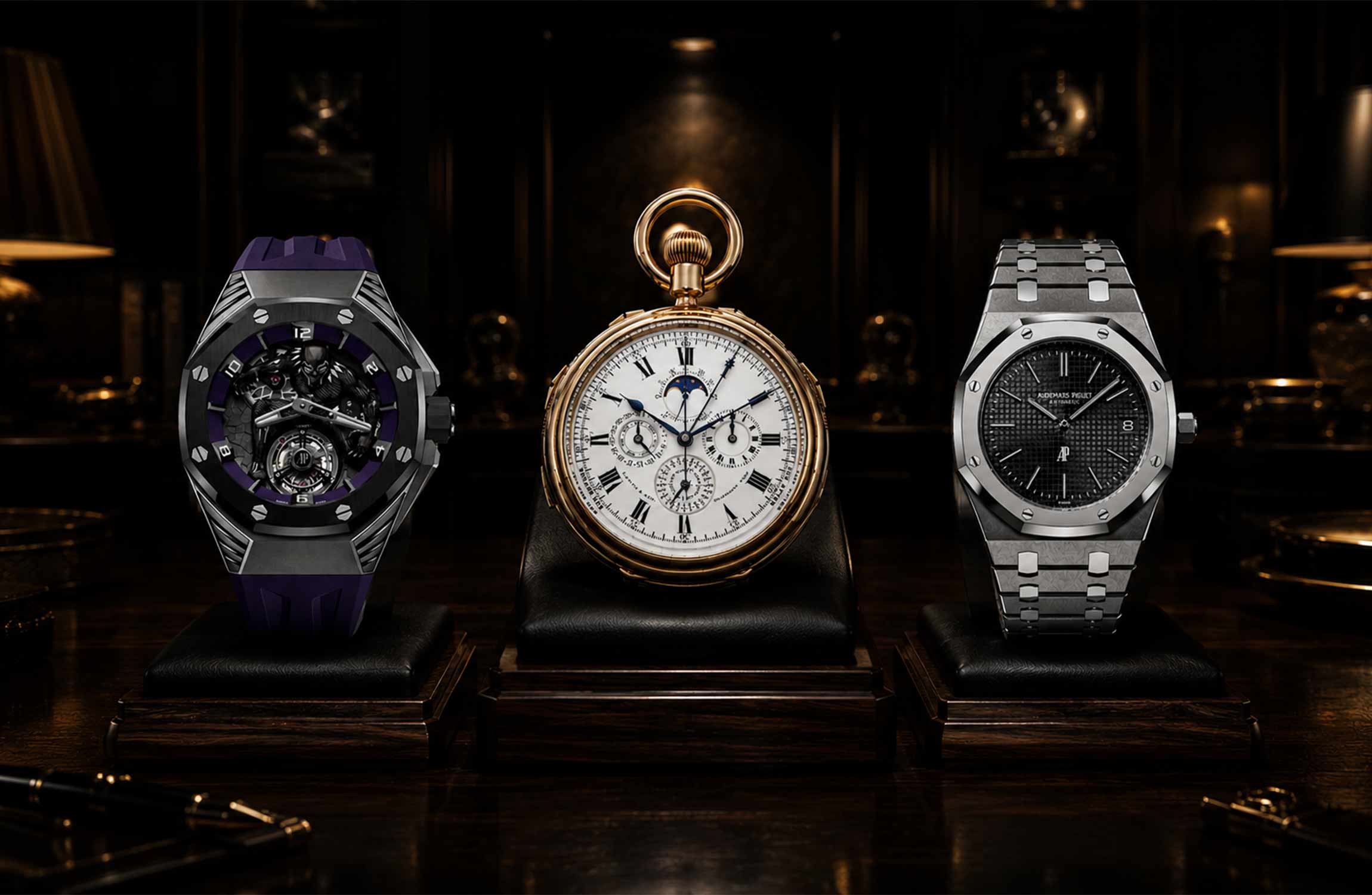 Three iconic Audemars Piguet luxury watches displayed in a dark high-end hotel-inspired setting