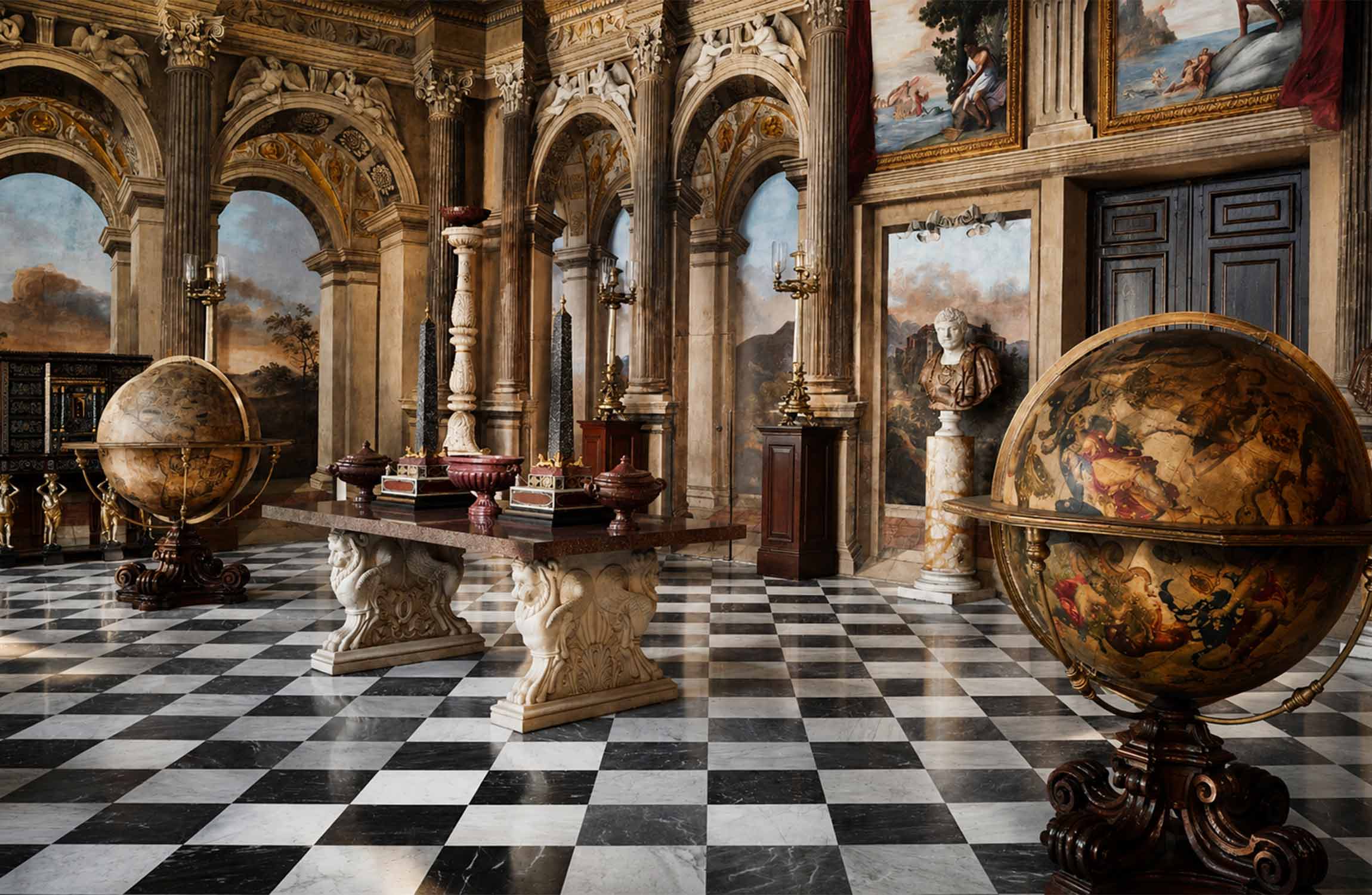 Grand Renaissance-style aristocratic interior featuring historic celestial globes, marble columns, frescoed arches, and black-and-white marble flooring.