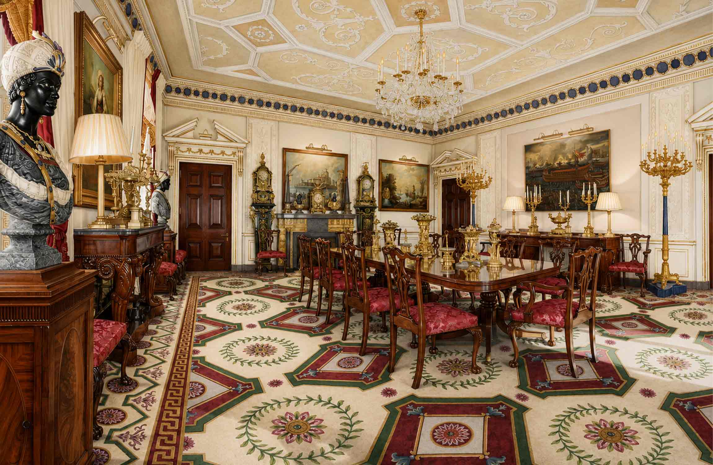 Elegant neoclassical château dining room with ornate ceiling, crystal chandelier, antique furniture, and refined aristocratic décor in a luxurious French residence.