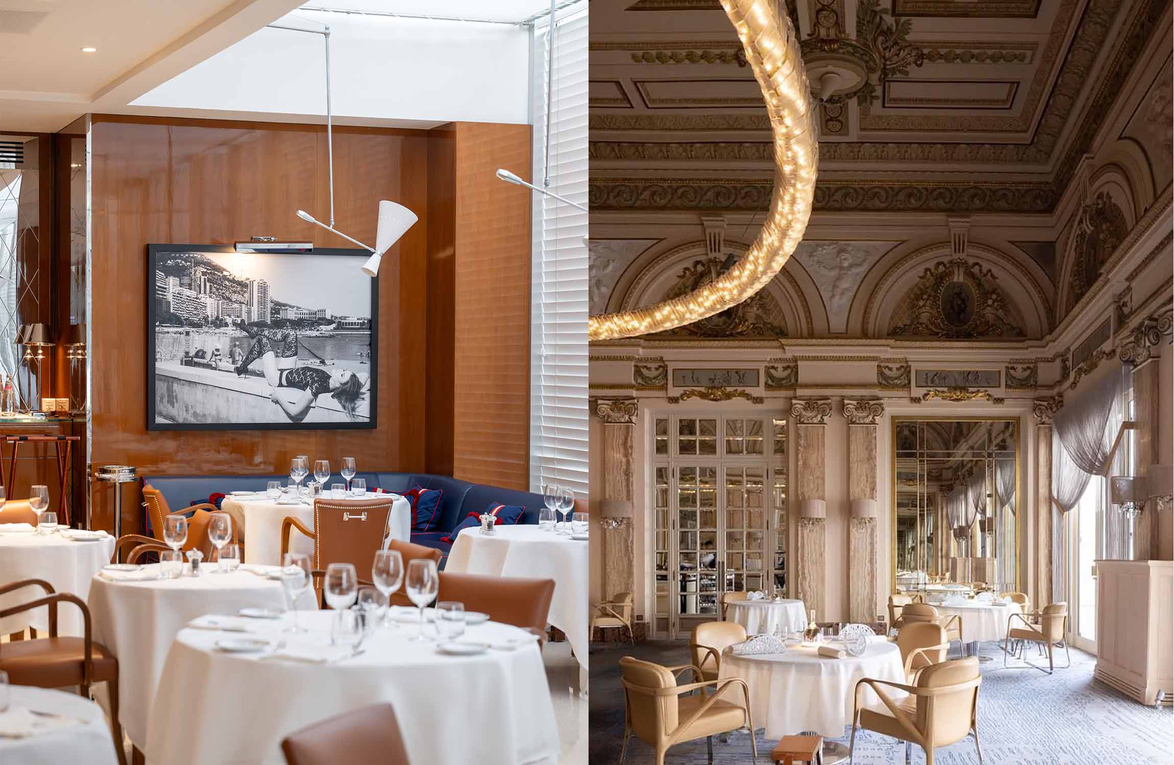 Luxury fine dining restaurants in Monaco and the French Riviera with Belle Époque interiors, Cipriani Monte Carlo terrace, and exclusive cliffside sea-view dining at sunset