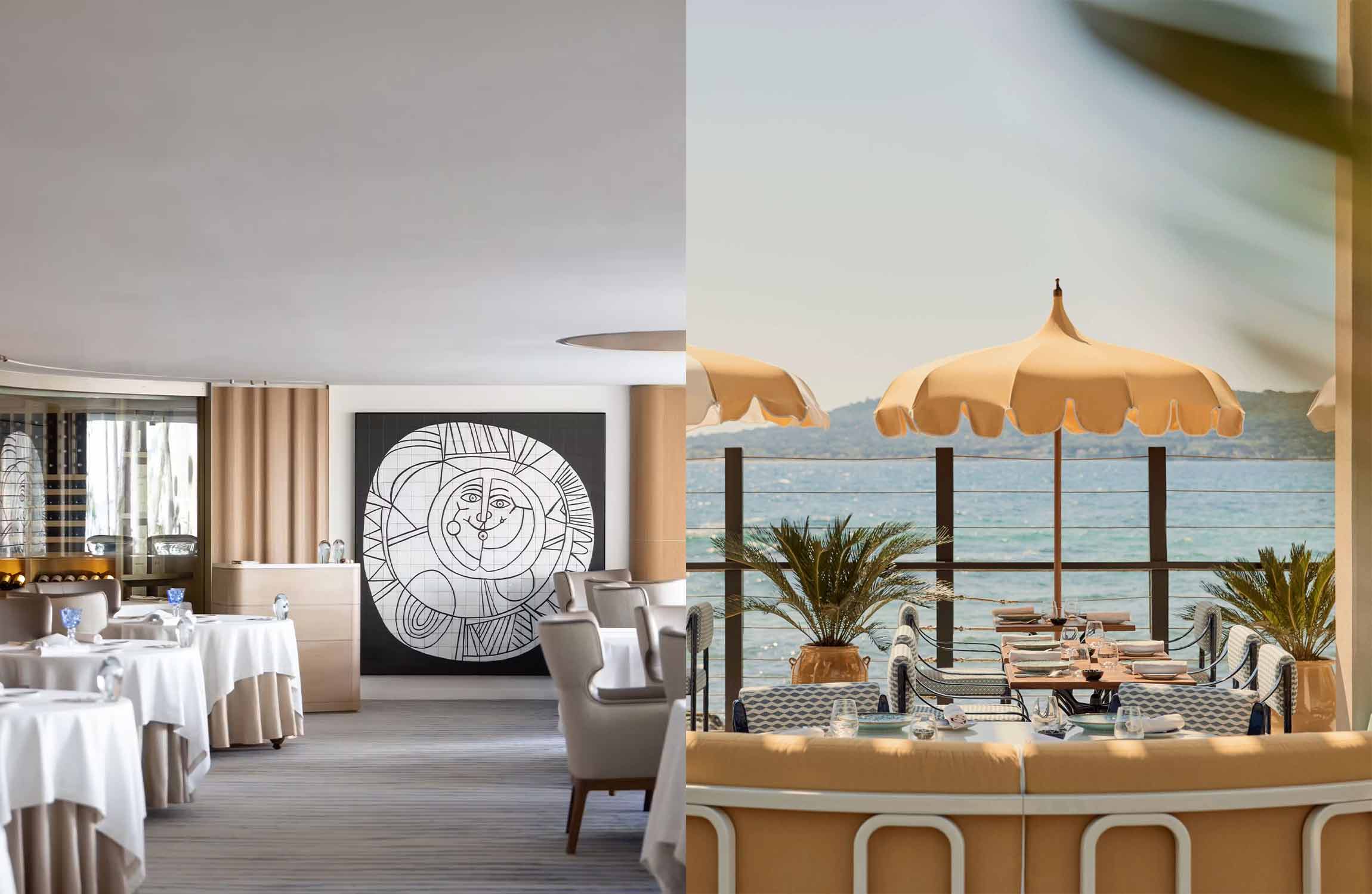 Ultra-luxury seaside fine dining terrace in Saint-Tropez at sunset inspired by La Vague d’Or at Cheval Blanc with Mediterranean coastal views and elegant gourmet atmosphere