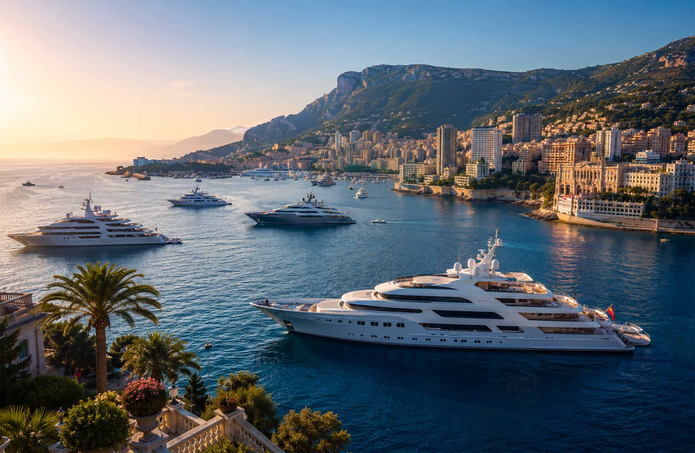 Luxury superyachts anchored on the French Riviera near Monaco during golden hour with Mediterranean coastal skyline and ultra-luxury summer atmosphere