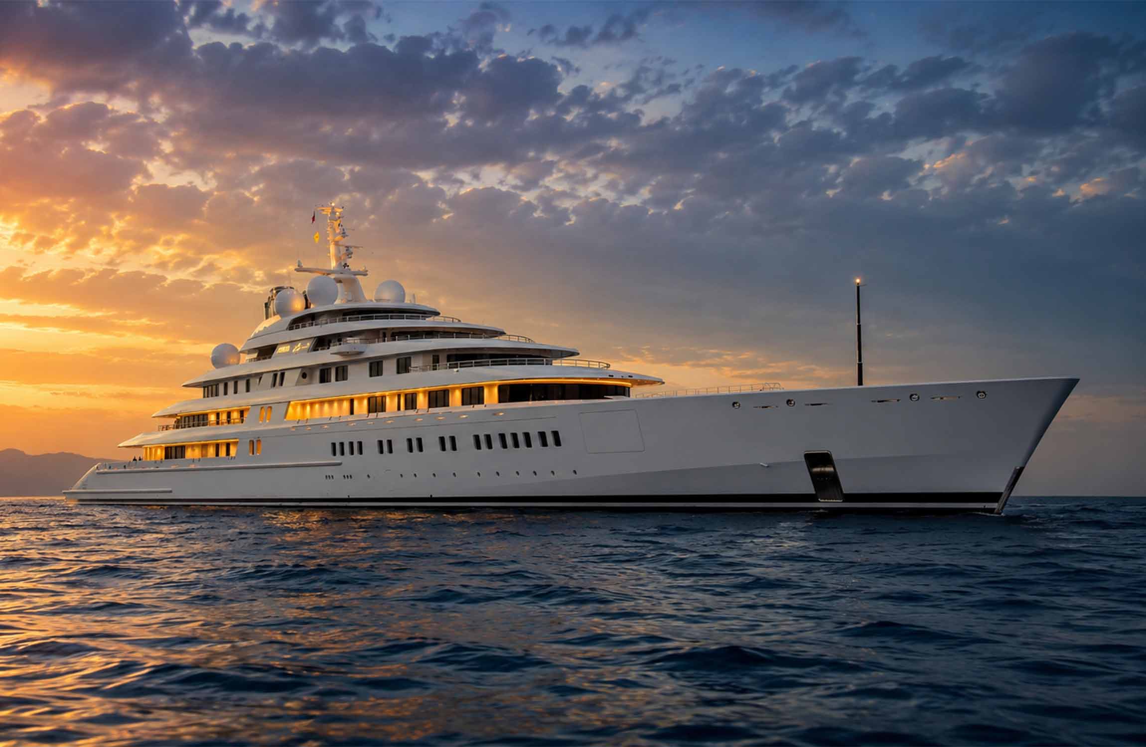 Azzam superyacht sailing near Monaco on the French Riviera with ultra-luxury design and panoramic Mediterranean coastal views at sunset