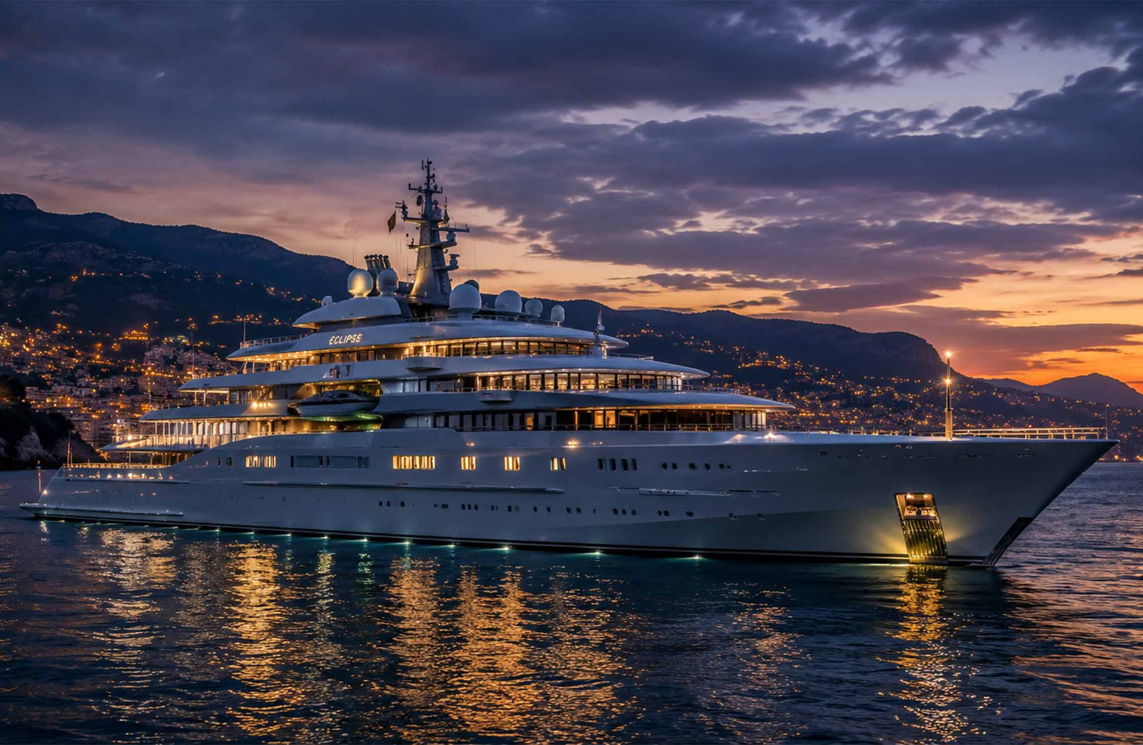 Eclipse superyacht anchored near Monaco at sunset with illuminated decks, dramatic Mediterranean skyline, and ultra-luxury evening atmosphere