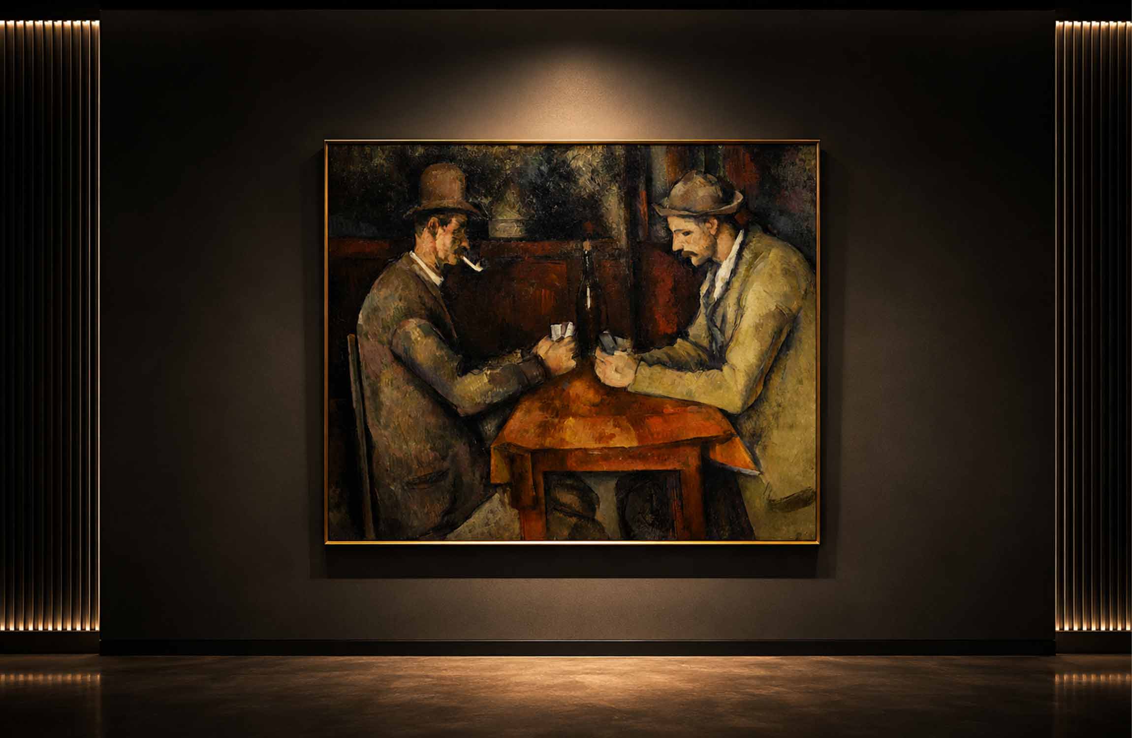 The Card Players by Paul Cézanne displayed in a contemporary gallery, one of the most expensive paintings ever sold.