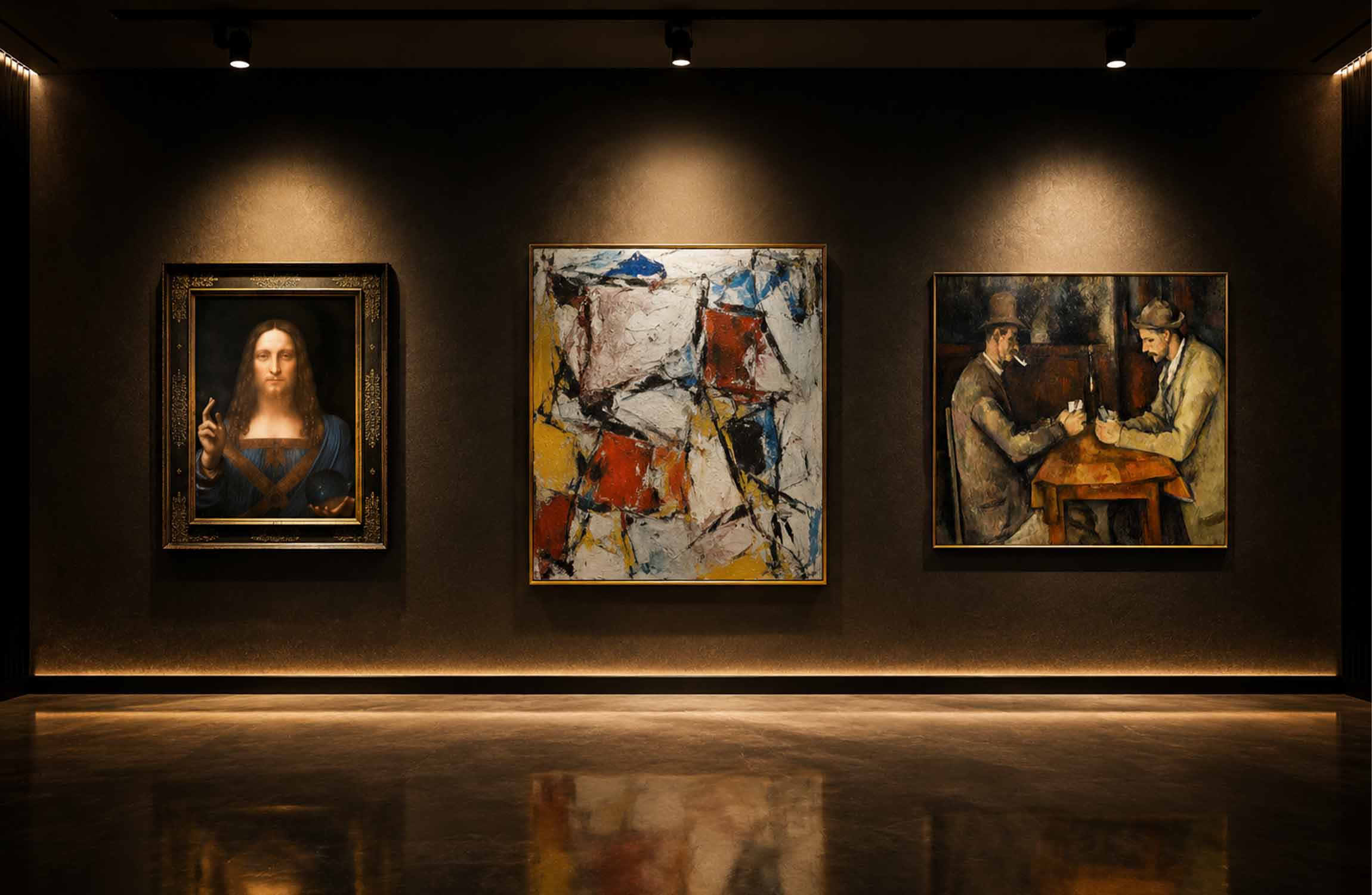 The three most expensive paintings ever sold displayed in a dramatic museum gallery with modern lighting and luxury presentation.