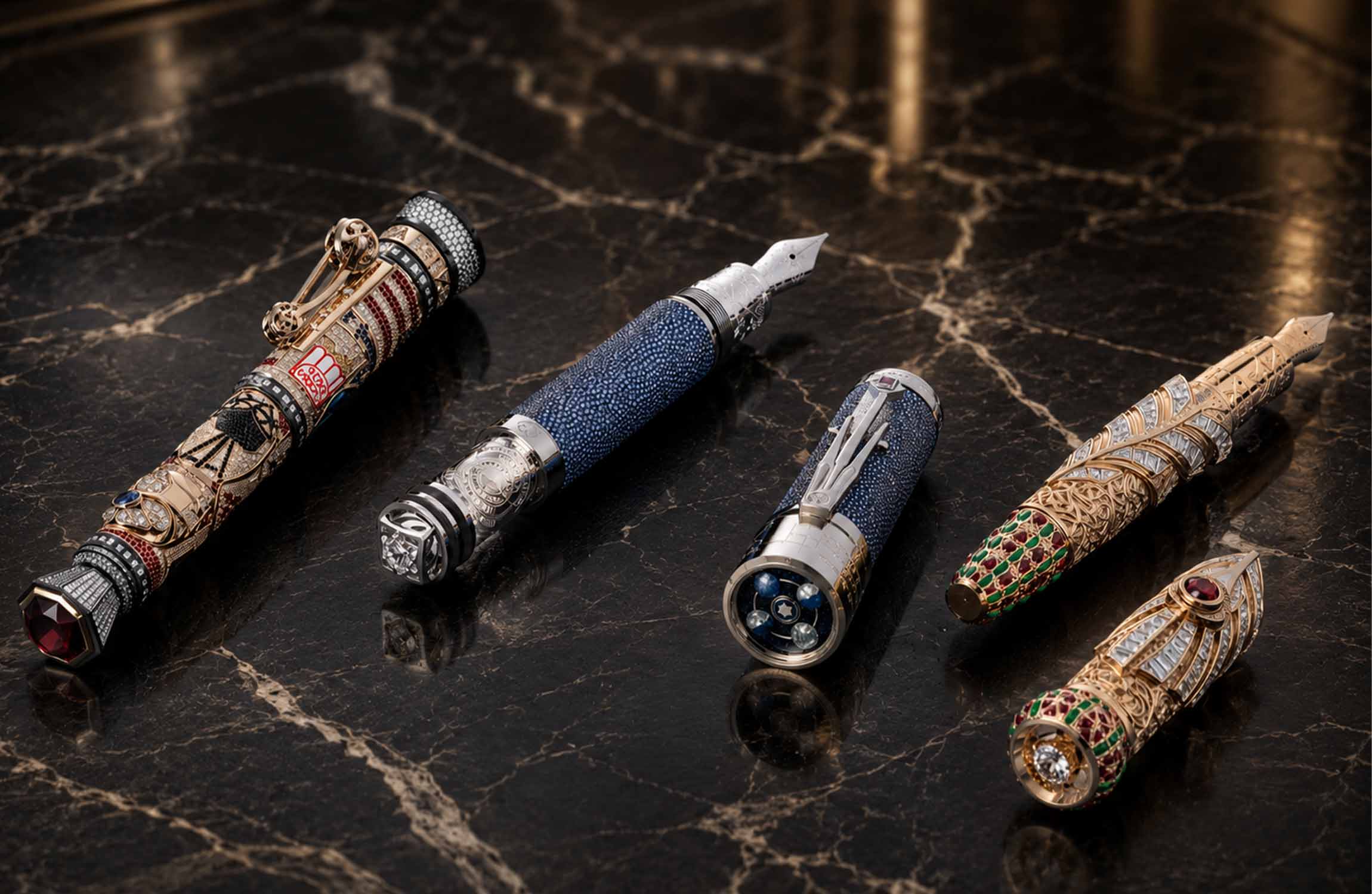 Three of the most expensive Montblanc pens ever created displayed on a luxurious black marble table in an opulent palace-inspired setting