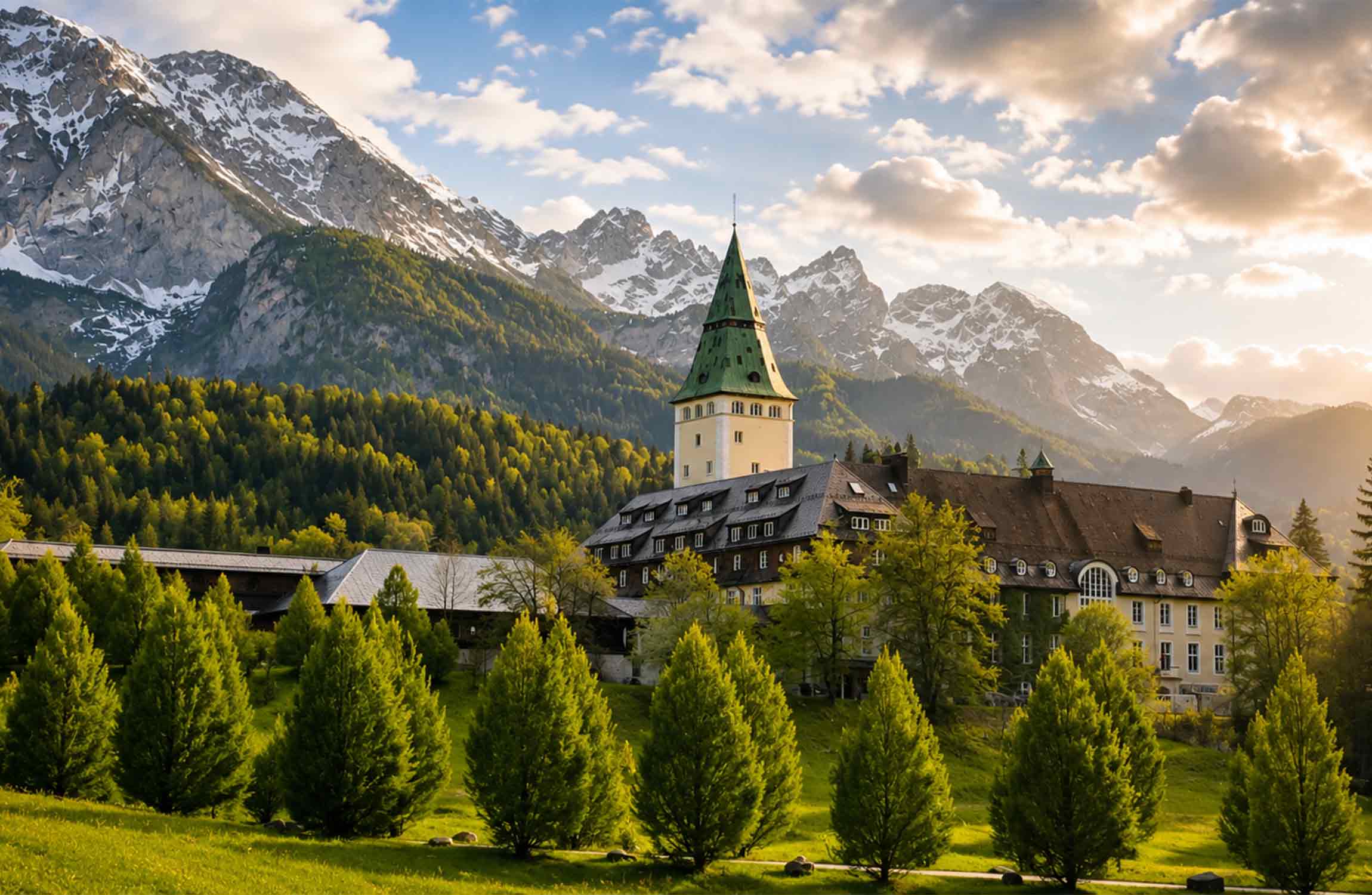 Schloss Elmau luxury castle hotel in the Bavarian Alps, Germany, surrounded by snow-capped mountains and alpine forests.