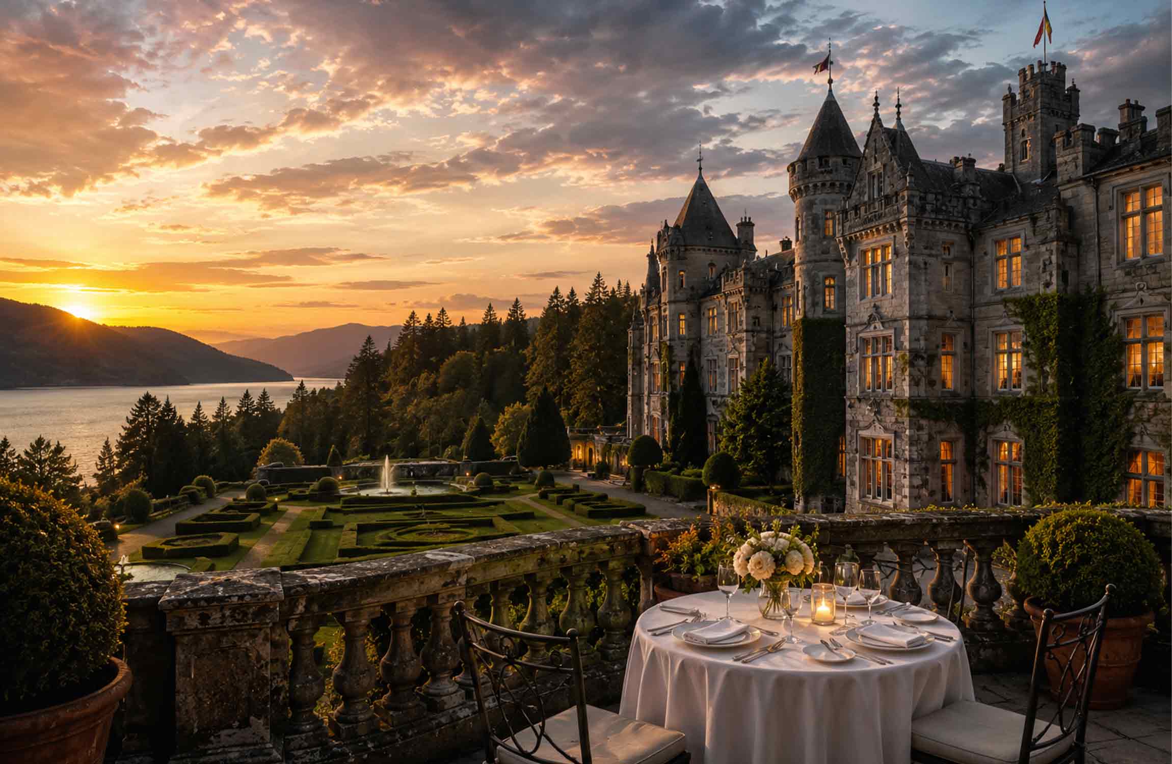 Luxury castle hotel in Europe with a panoramic sunset terrace overlooking historic gardens, a lake, and elegant medieval architecture.