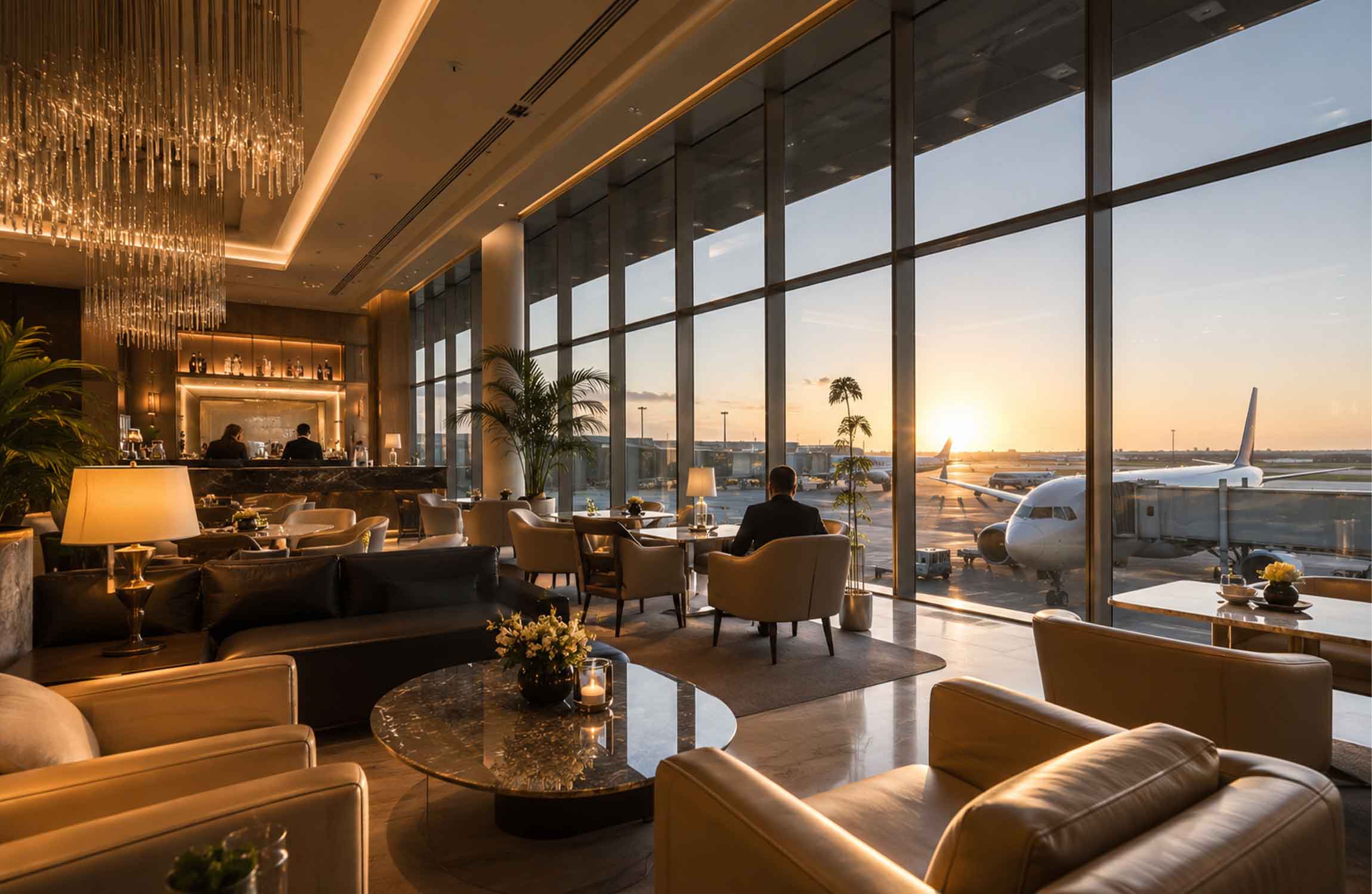 Elegant luxury airport lounge featuring panoramic runway views, designer interiors and premium first-class hospitality.