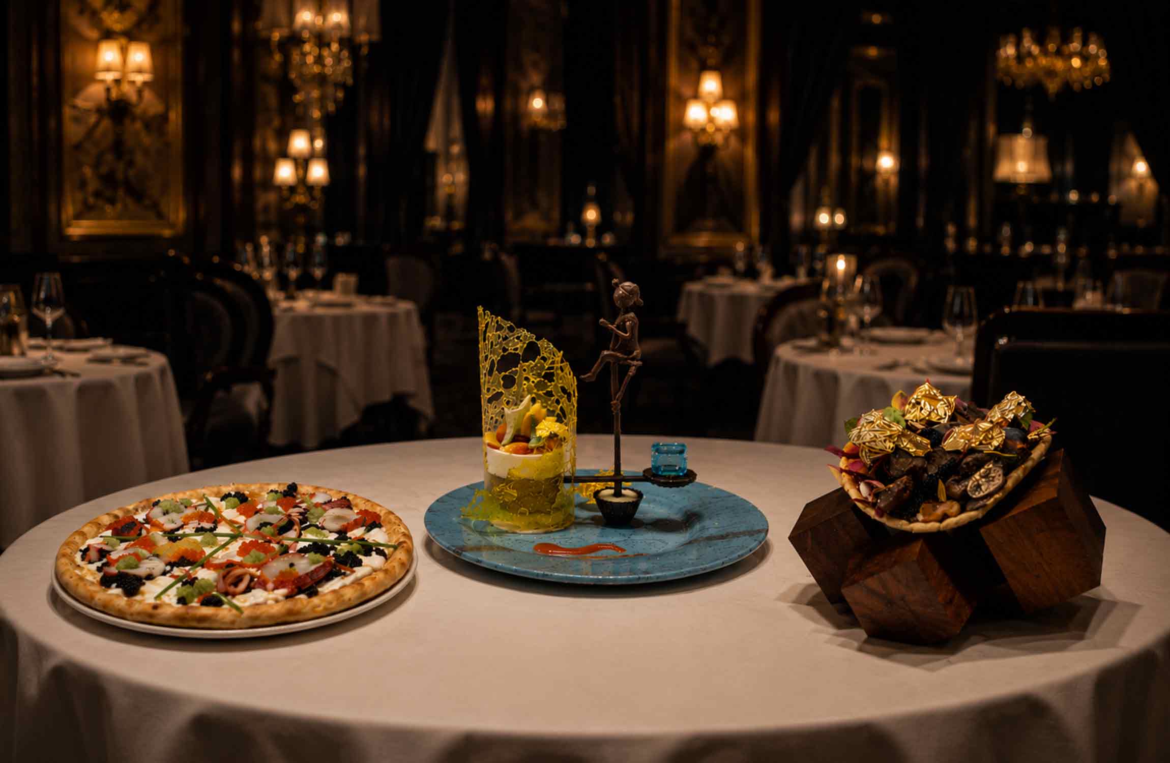 The world's three most expensive restaurant dishes beautifully presented on a luxury dining table inside an elegant fine dining restaurant.
