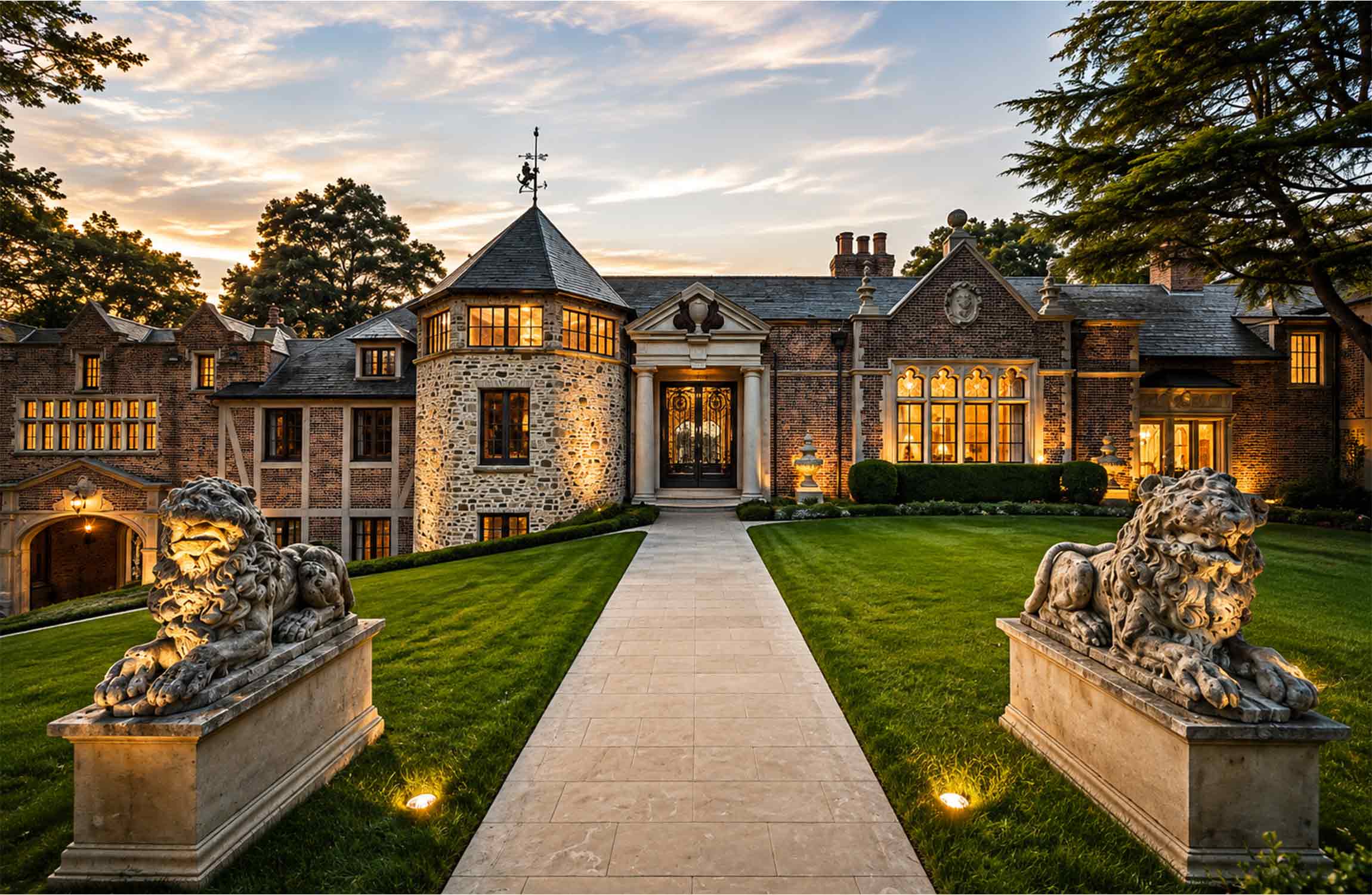 The grand entrance of Chestnut Hall, Atlanta's iconic $46.8 million English Tudor estate, featuring its stone tower, elegant façade, landscaped gardens and historic lion statues.
