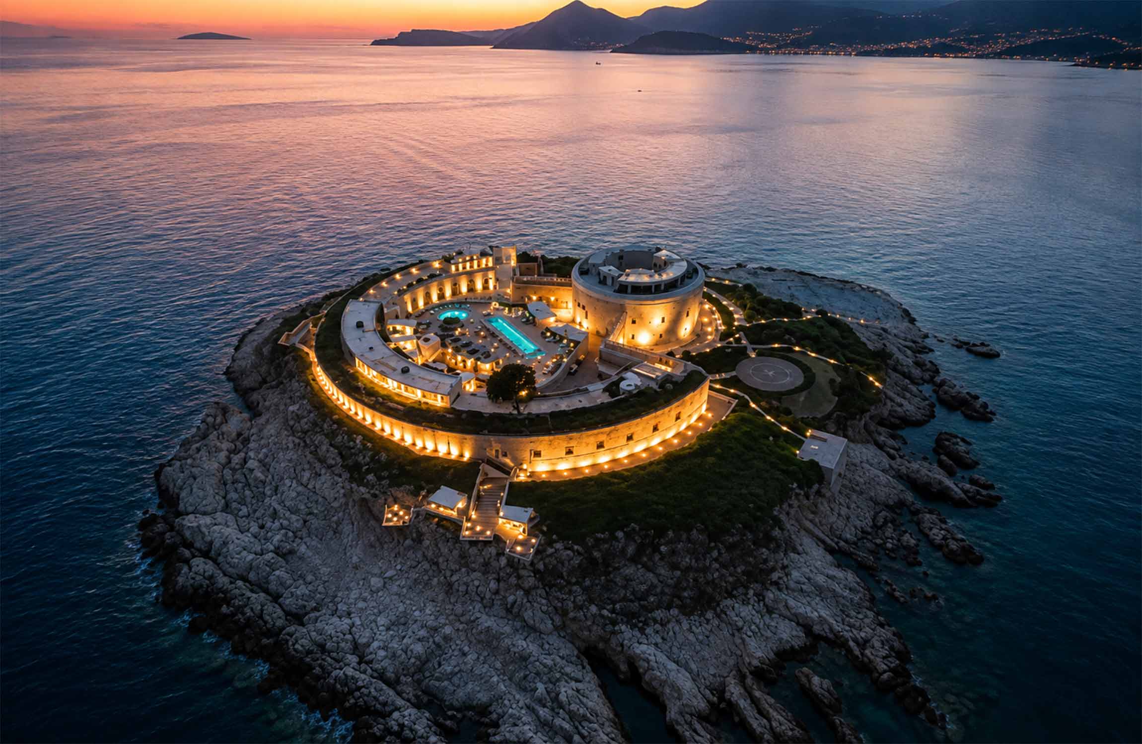 Aerial view of Mamula Island by Banyan Tree, the restored 19th-century fortress hotel surrounded by the Adriatic Sea in Montenegro.