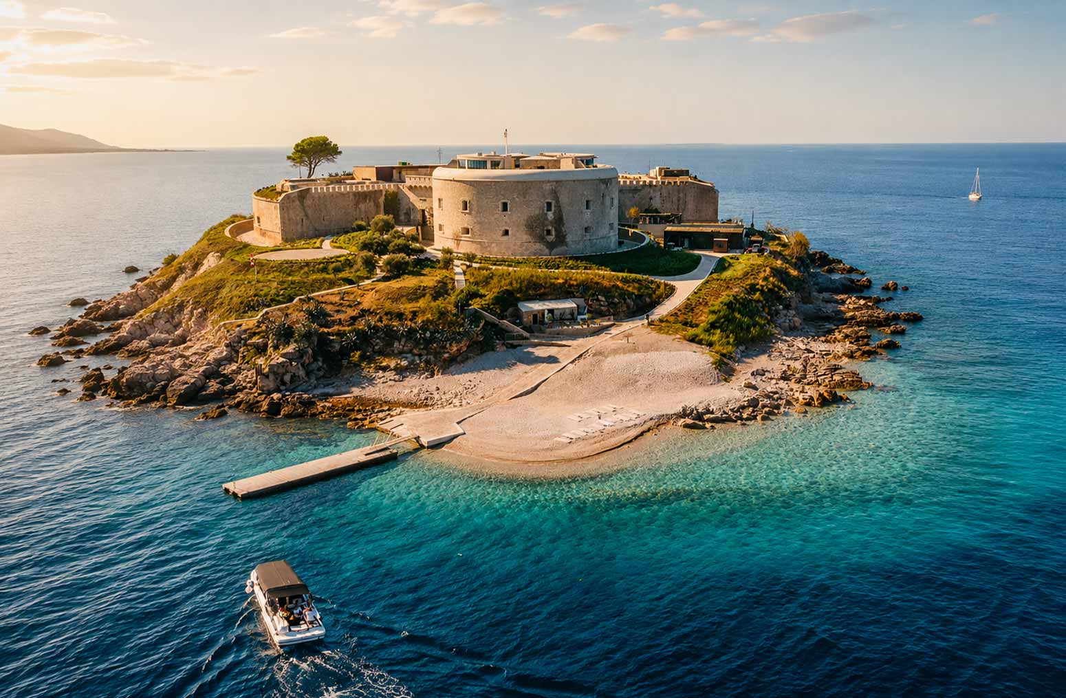 Aerial view of Mamula Island by Banyan Tree, a restored fortress hotel surrounded by the Adriatic Sea off the coast of Montenegro.