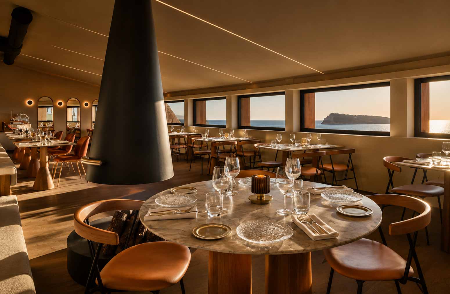 Luxury restaurant at Mamula Island by Banyan Tree in Montenegro, with elegant interiors and panoramic views across the Adriatic Sea.
