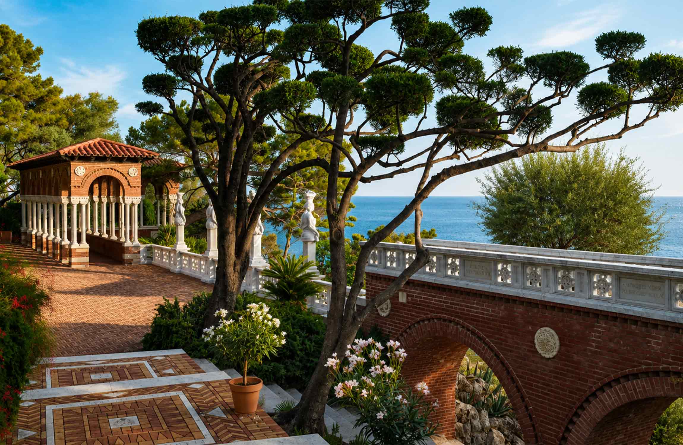 Historic gardens of Villa Cypris in Roquebrune-Cap-Martin, with ornate colonnades and Mediterranean Sea views on the French Riviera.