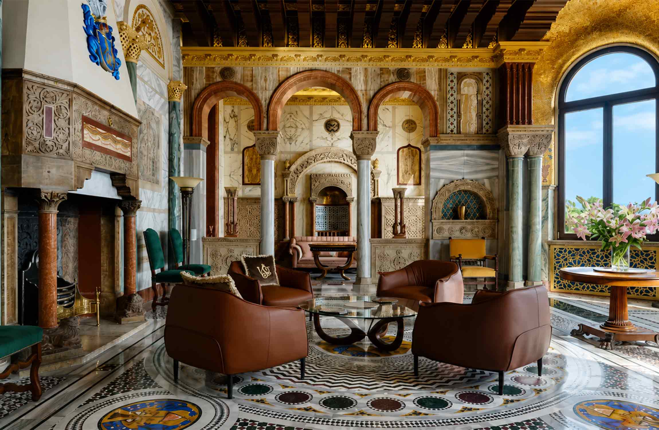 Historic interior of Villa Cypris in Roquebrune-Cap-Martin, featuring ornate marble, mosaics and Byzantine-inspired architecture near Monaco.