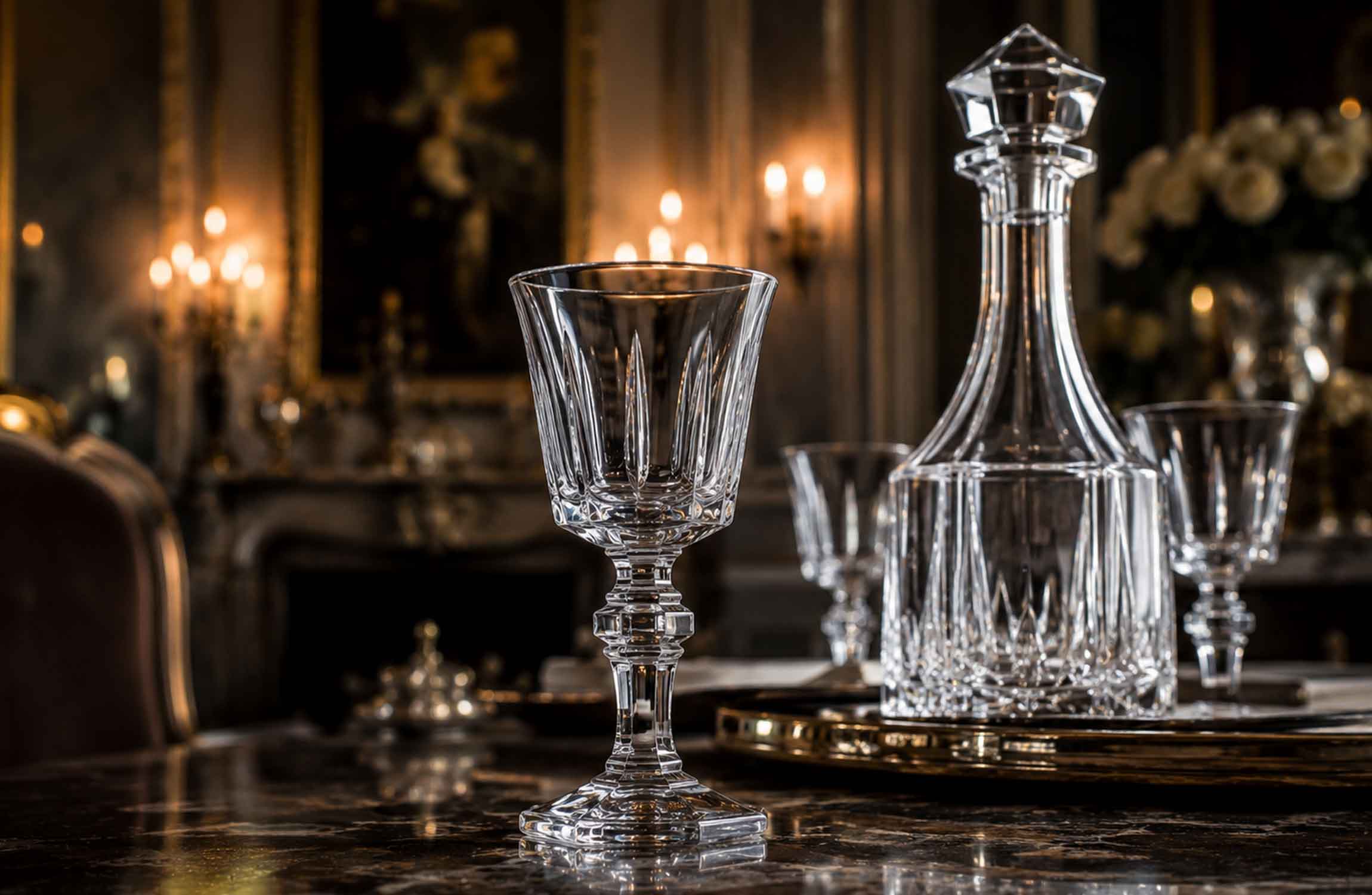 Baccarat-inspired Harcourt crystal glass and decanter displayed in an elegant candlelit interior.