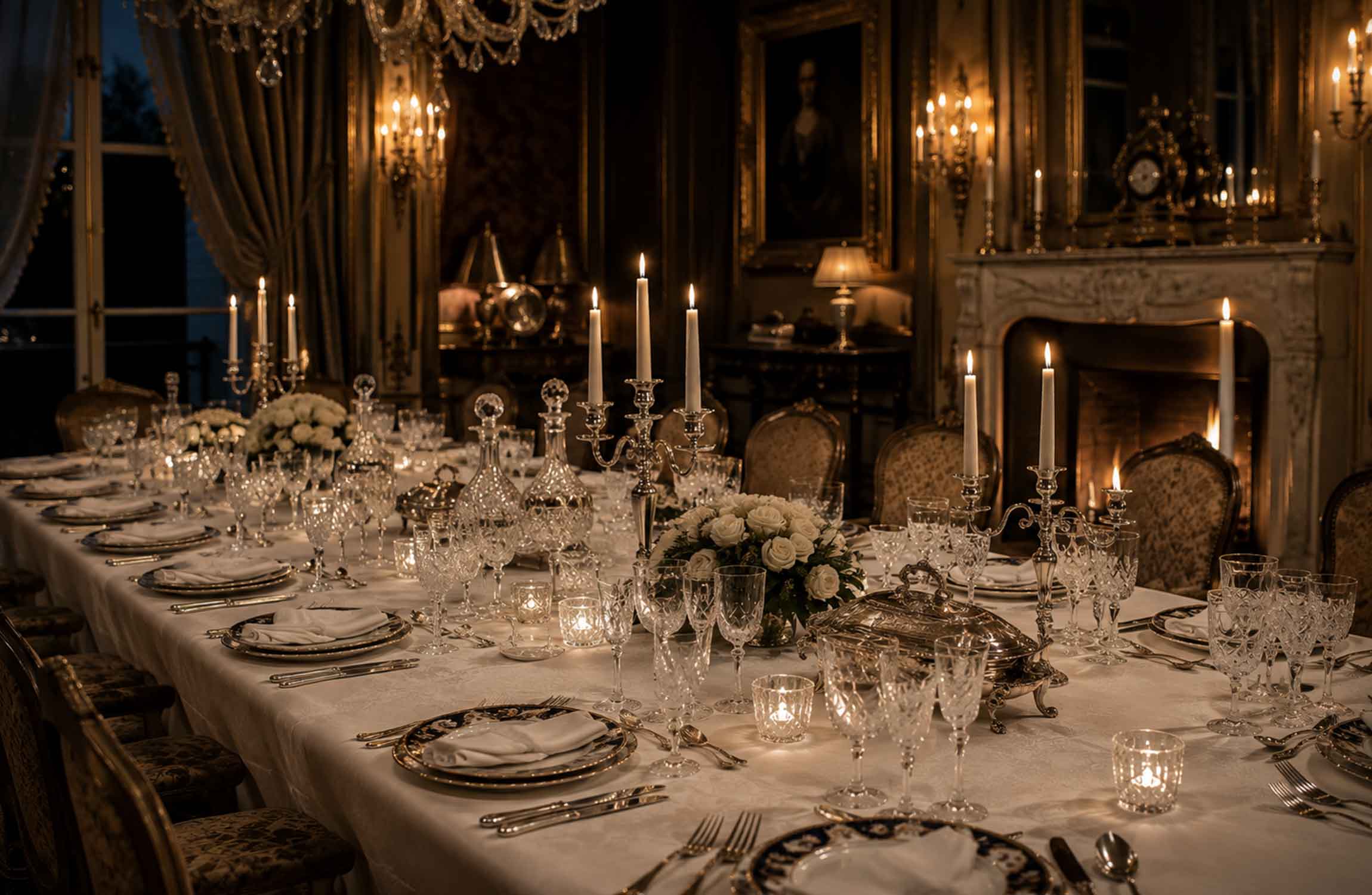 Luxury French château dining table set with fine crystal glassware, silverware and candlelight