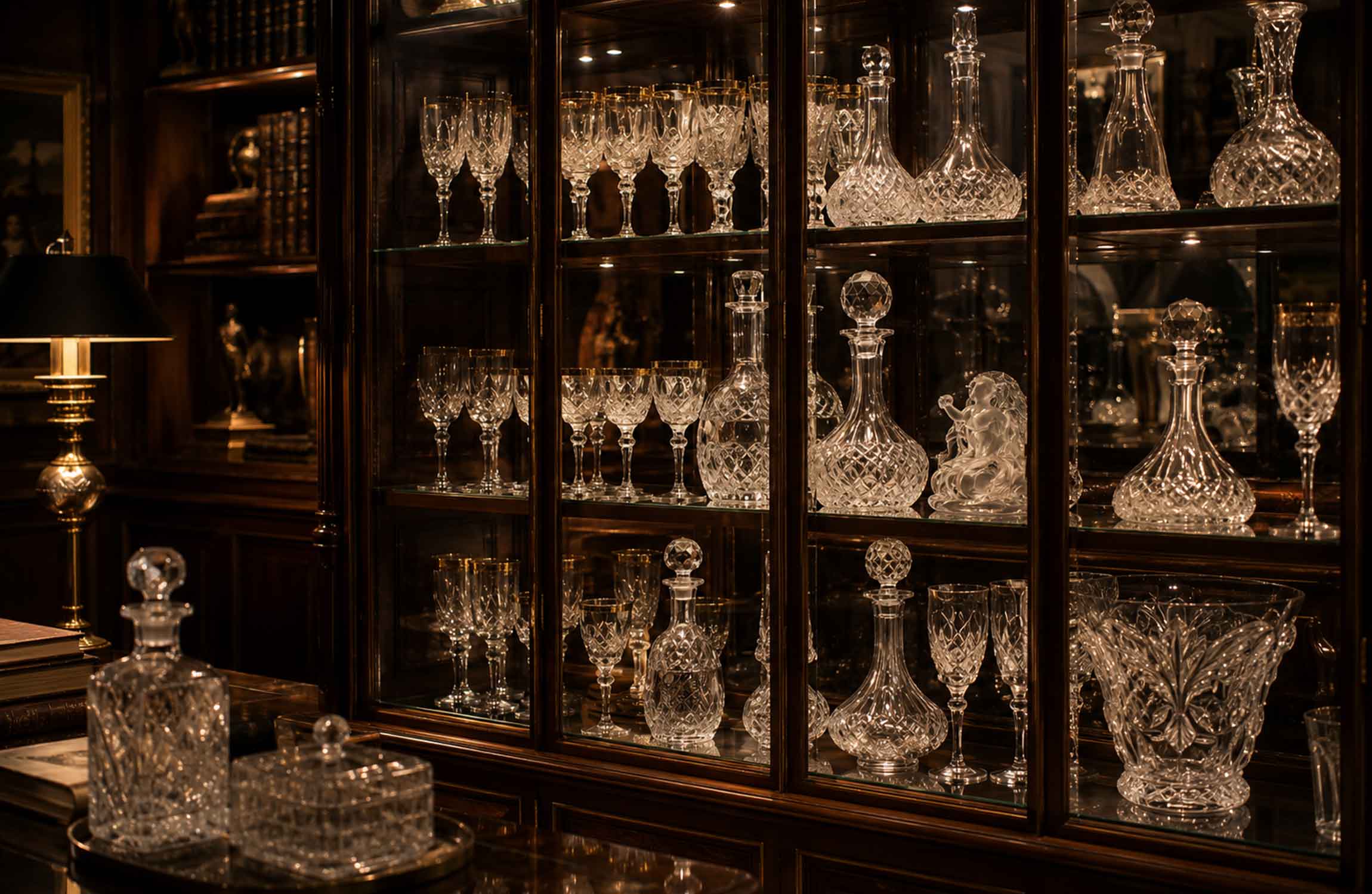 Rare French crystal glassware and decanters displayed in an elegant private collector’s cabinet