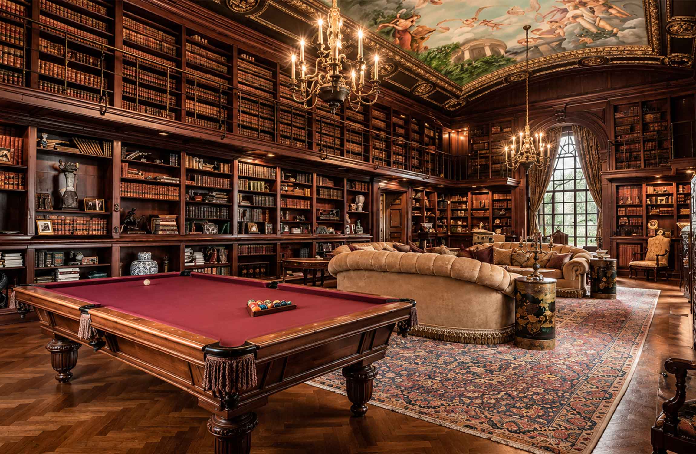 Luxury private library with floor-to-ceiling bookshelves, billiard table and grand old-money interior