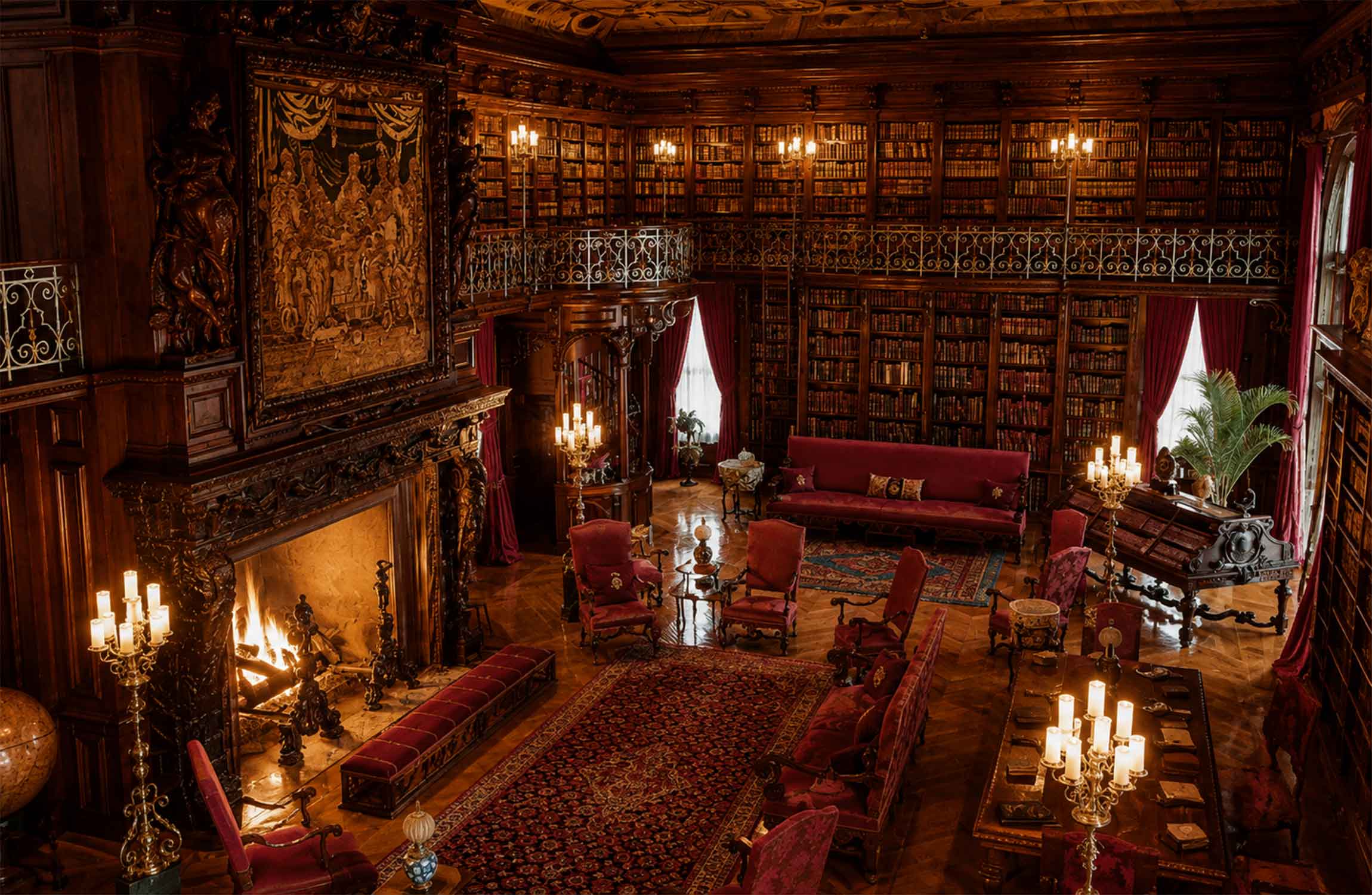 Luxury private library with rare books, grand fireplace and richly decorated old-world interior