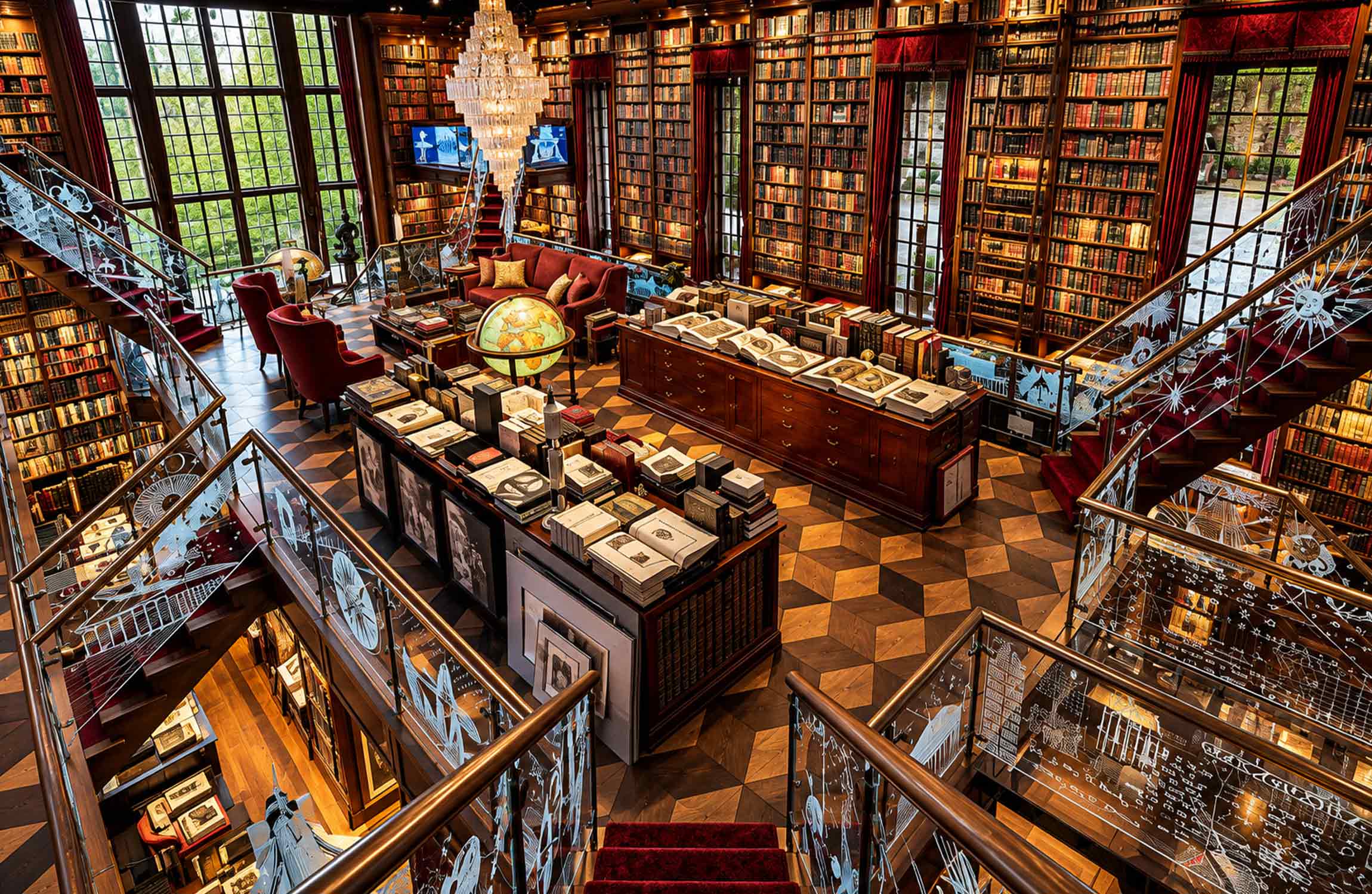 Extraordinary luxury private library with rare books, grand staircases and floor-to-ceiling bookshelves