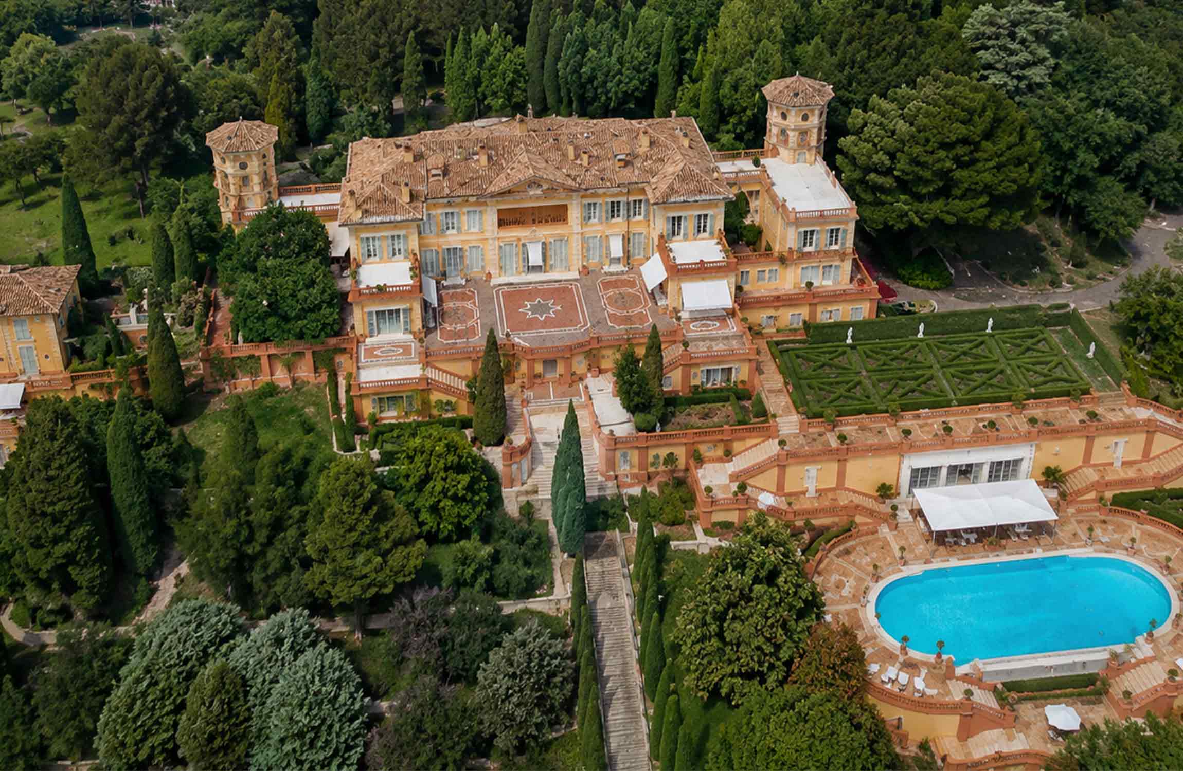 Aerial view of Villa Leopolda and its Mediterranean gardens in Villefranche-sur-Mer on the French Riviera