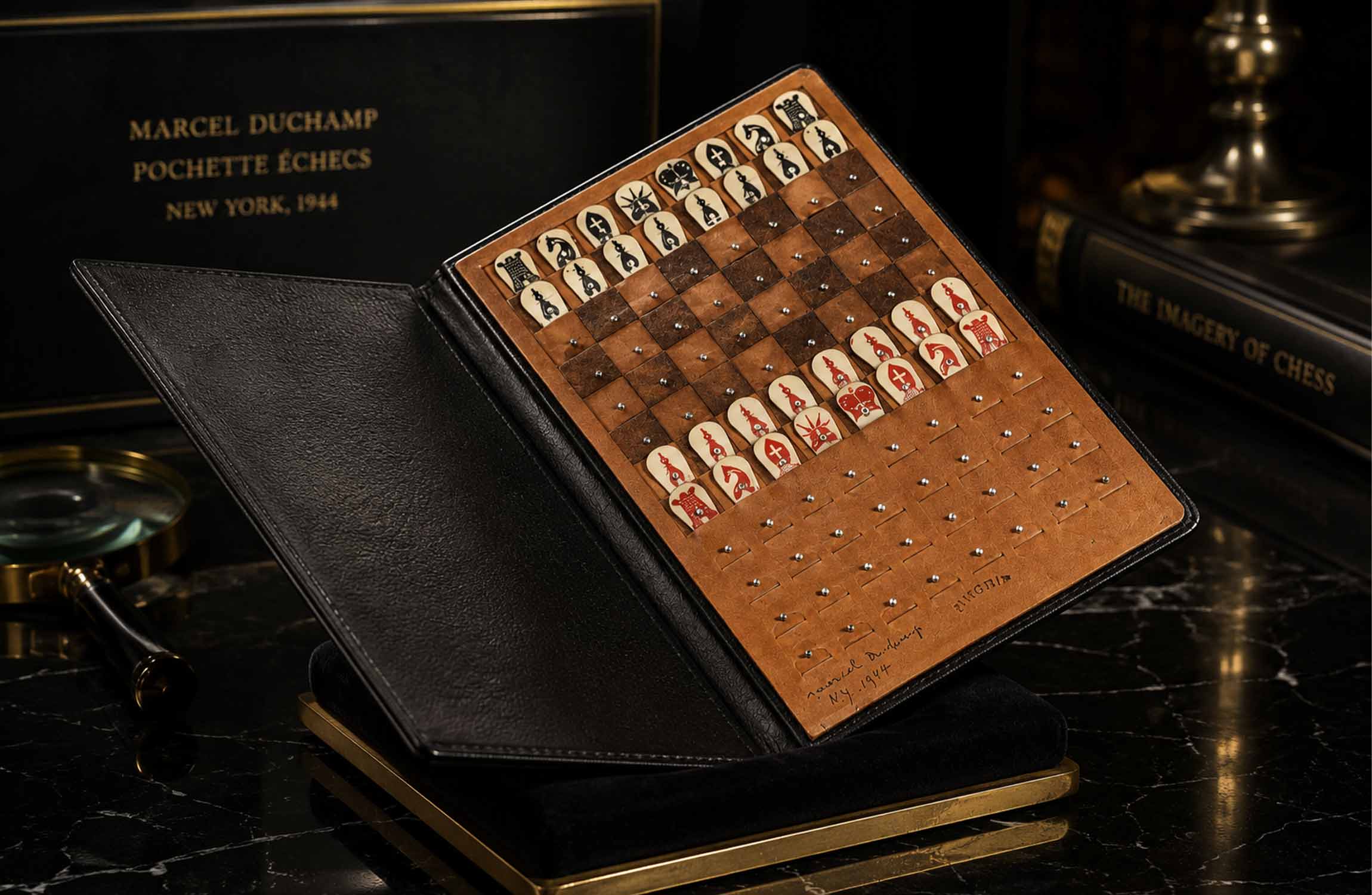 Marcel Duchamp pocket chess set from 1944 displayed as a rare luxury collectible