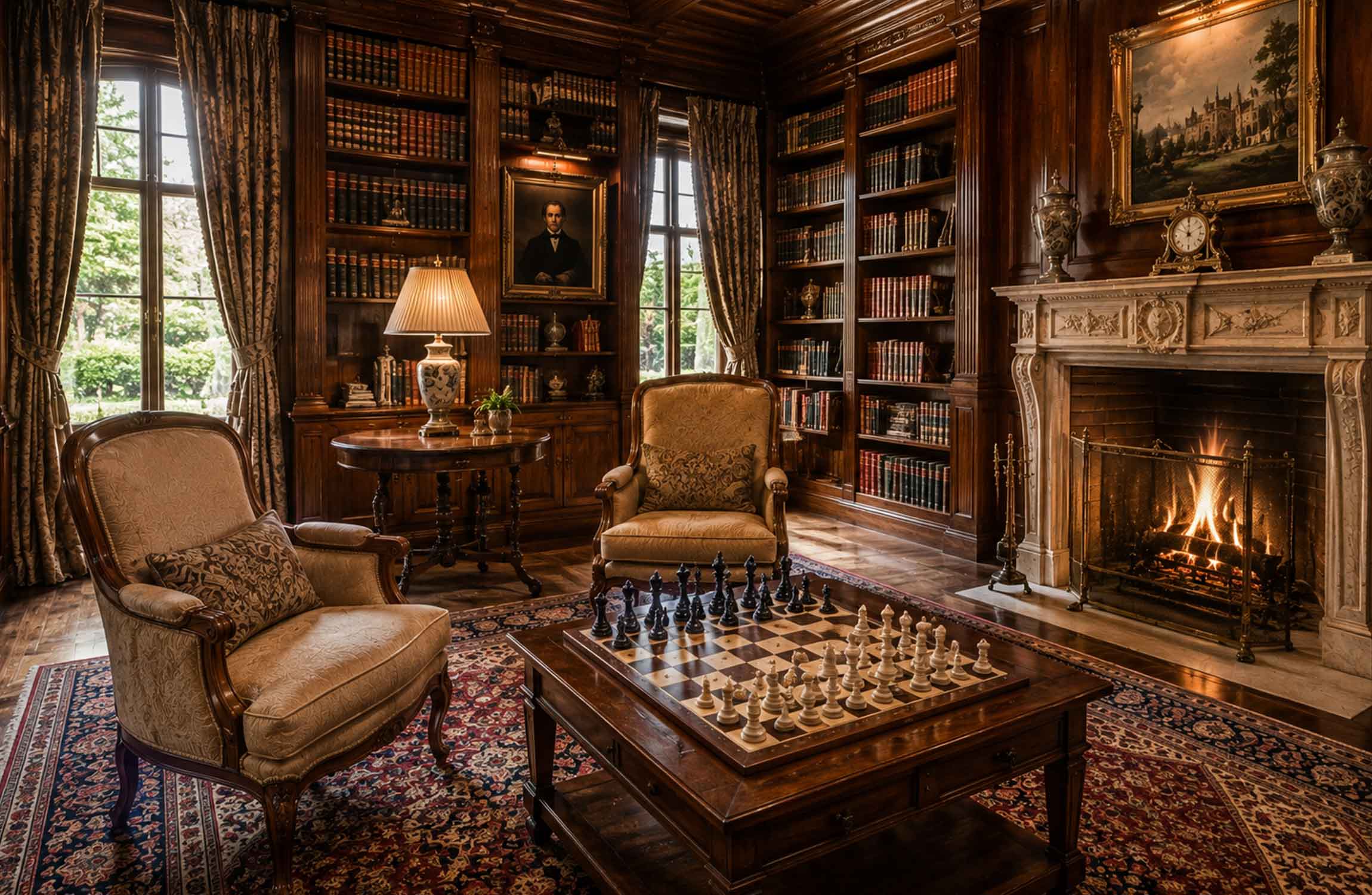 Luxury private library with an antique chess set in an elegant historic château interior