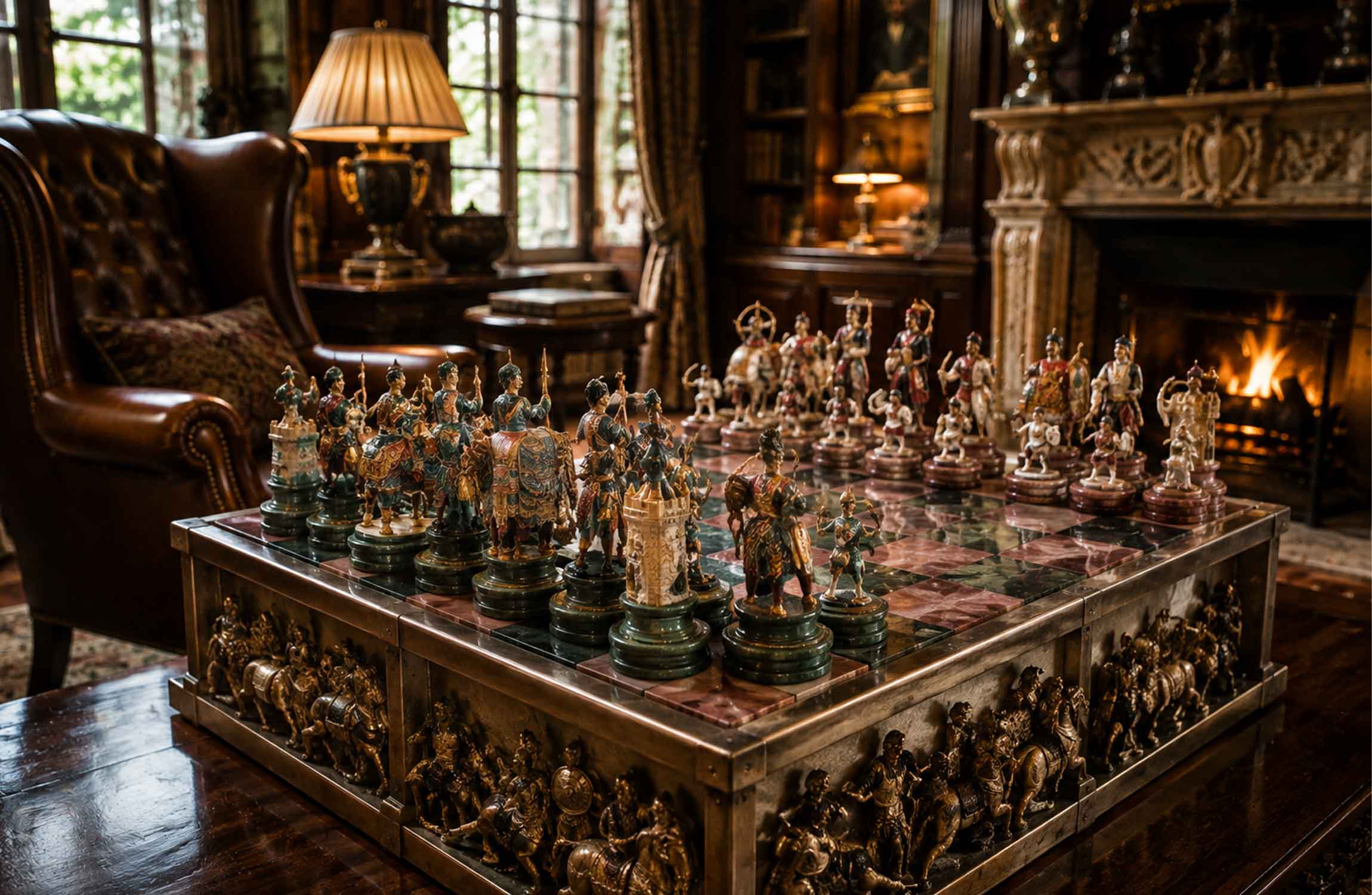 Luxury collectible chess set displayed in an elegant private castle library