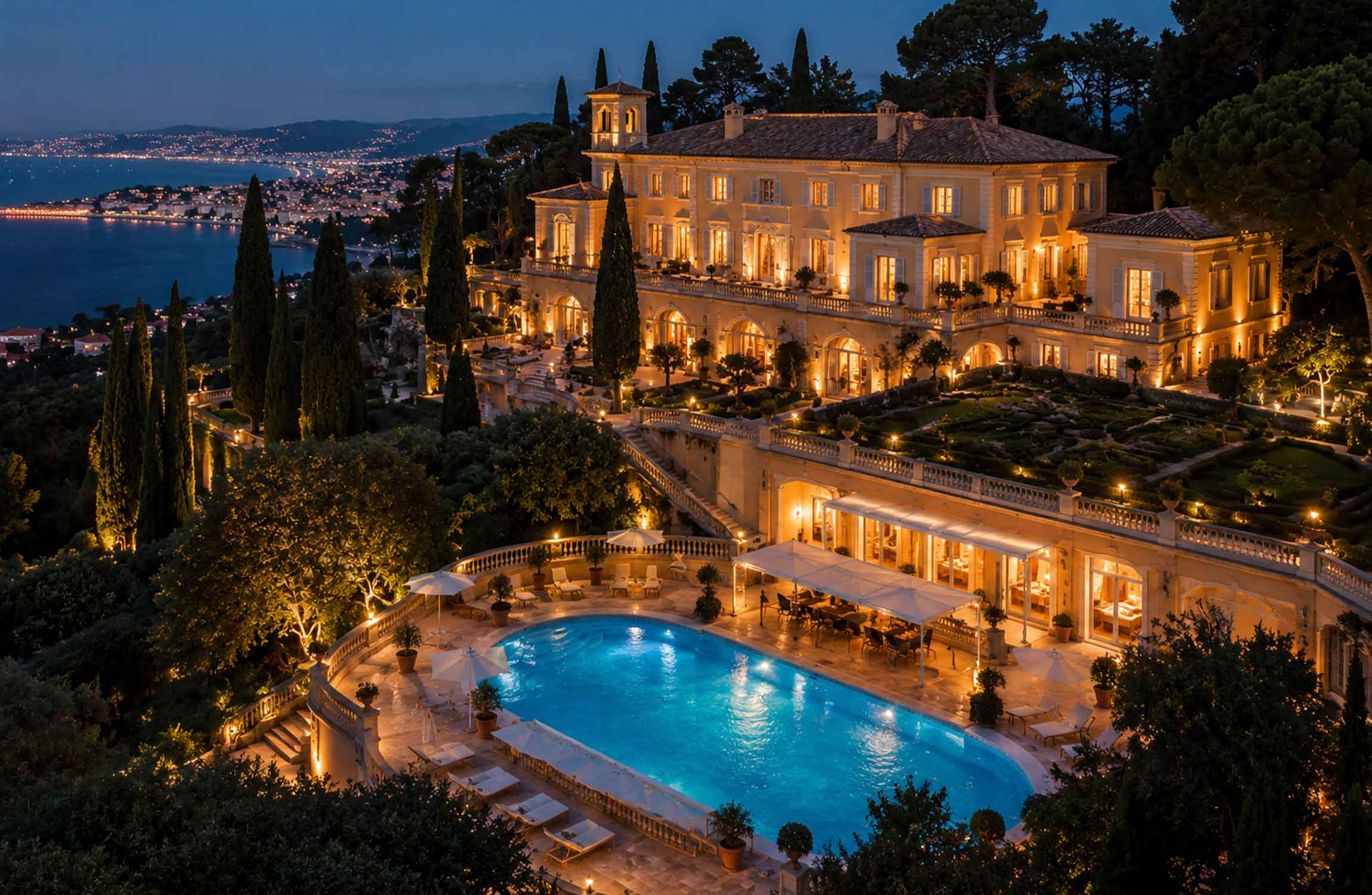 Ultra-luxury billionaire mansion with advanced private security and illuminated Mediterranean gardens at night