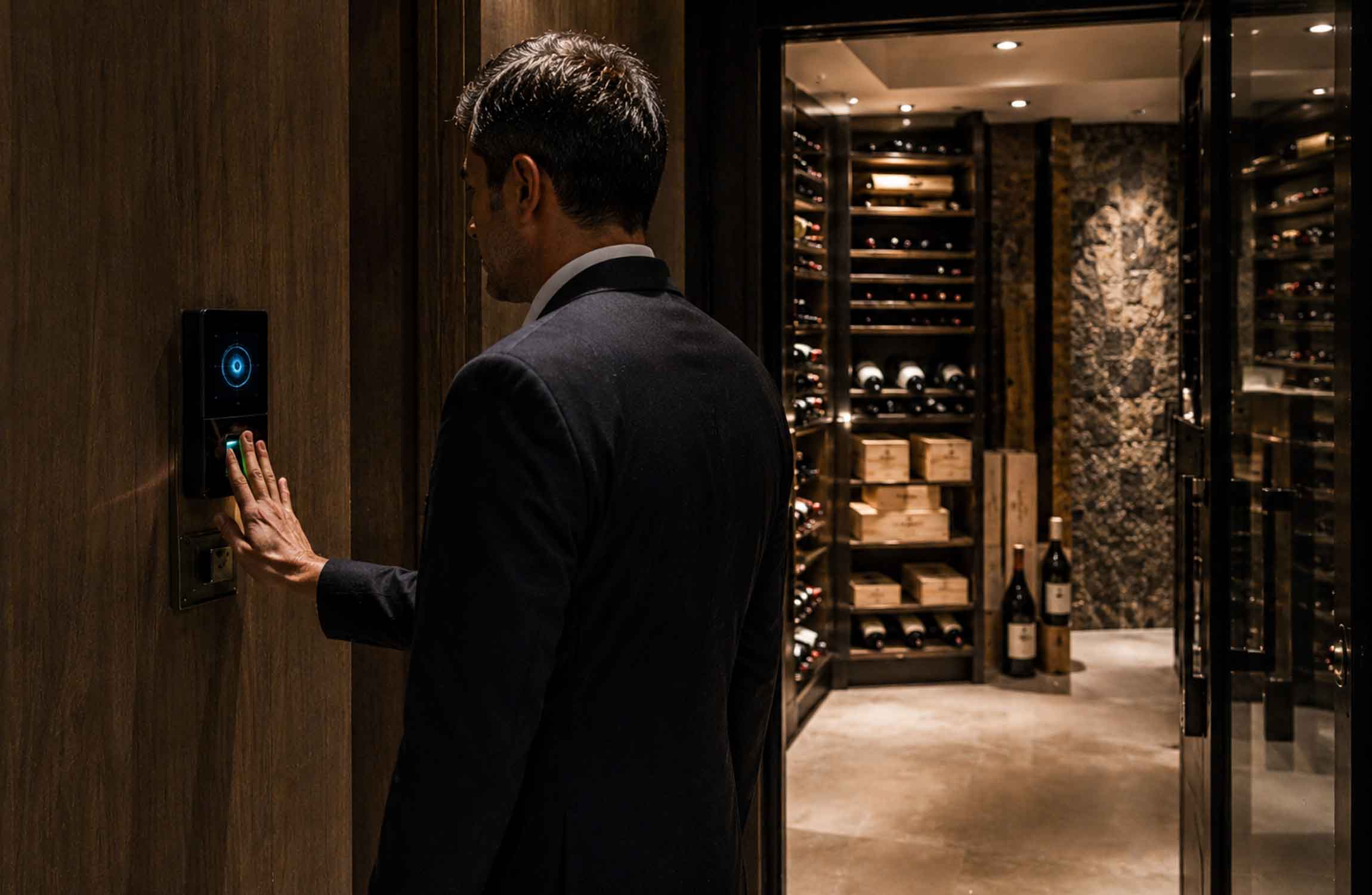 Biometric security system controlling access to a private wine cellar inside a luxury billionaire residence