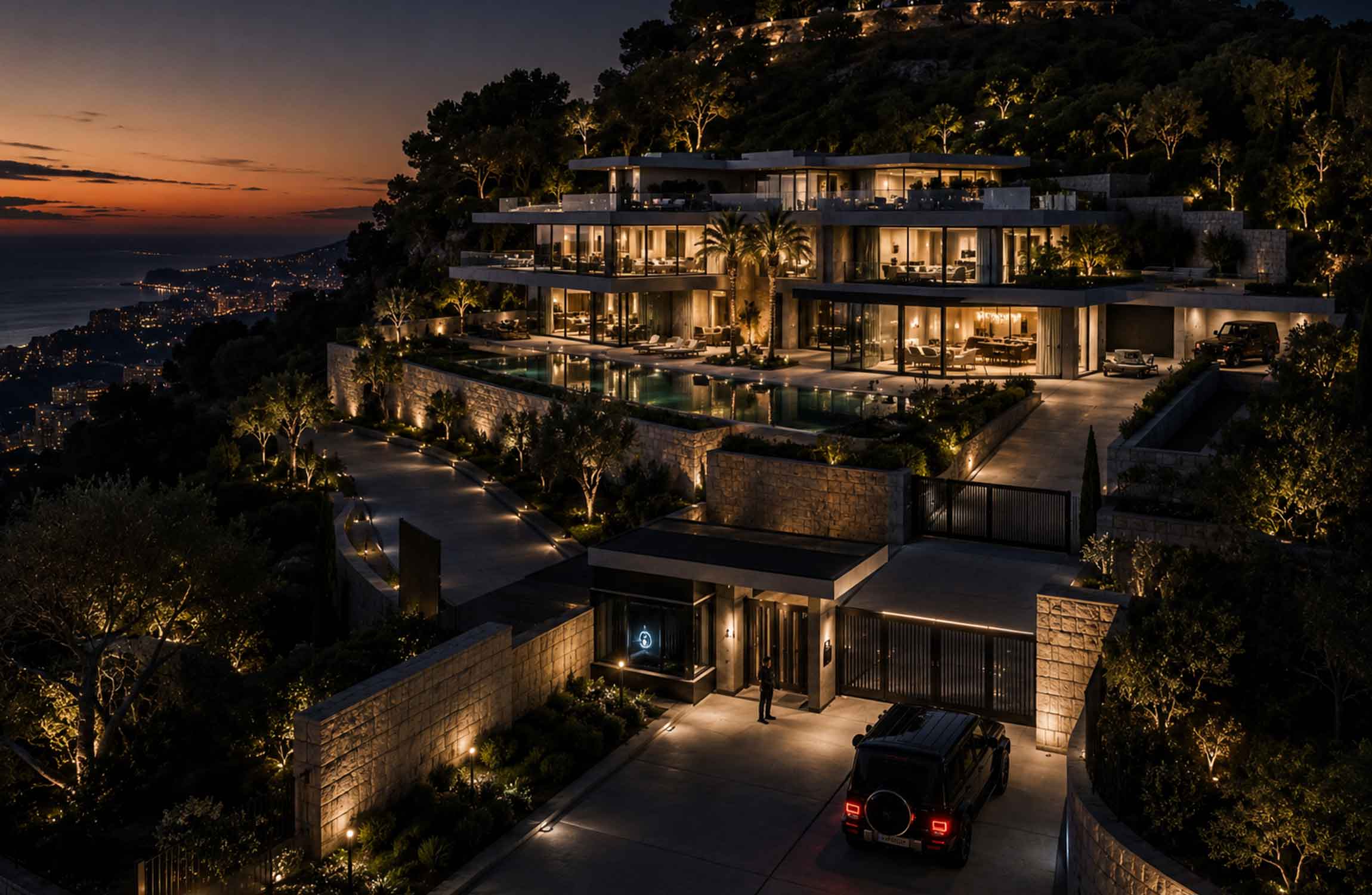 Ultra-luxury billionaire estate with advanced private security, gated entrance and surveillance systems at night