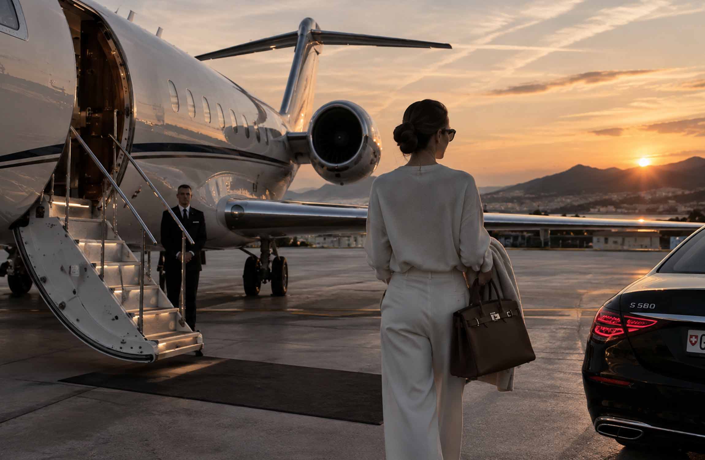 Luxury traveller boarding a private jet for an exclusive $250,000 round-the-world journey