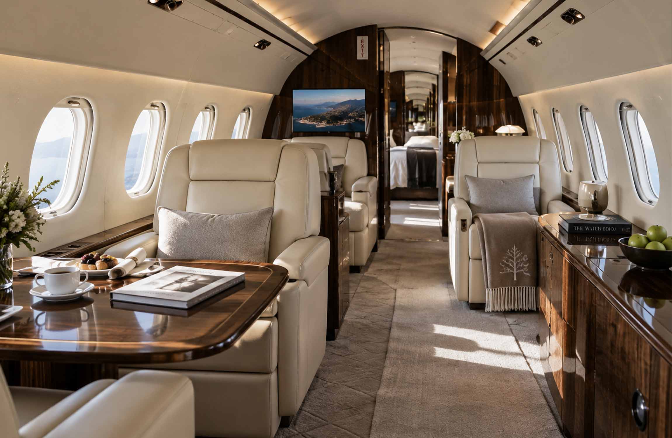 Luxury private jet cabin with spacious cream leather seats and elegant wood interiors for an exclusive round-the-world journey
