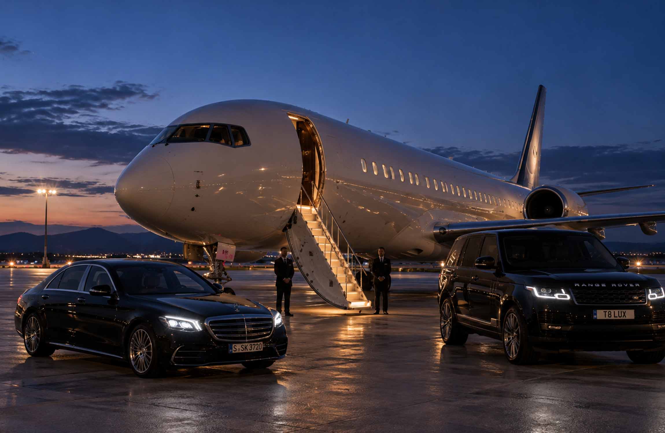 Luxury private jet on a private airport apron at blue hour with chauffeur-driven cars waiting beside the aircraft