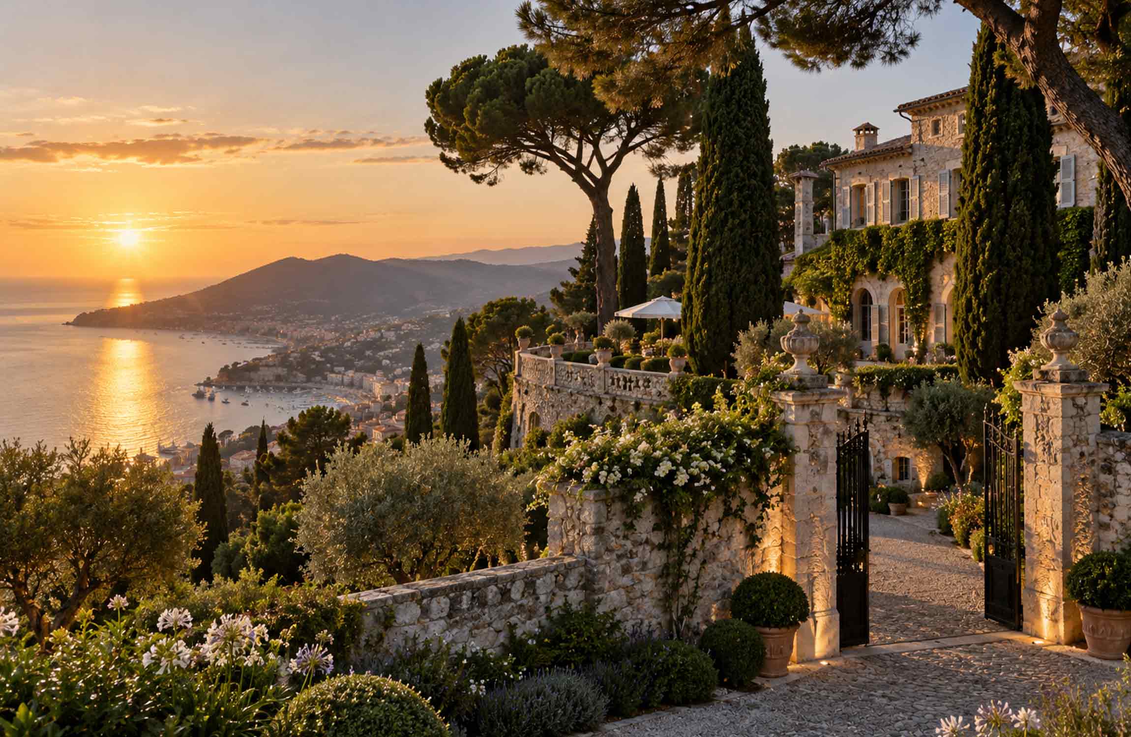 Historic luxury Mediterranean estate overlooking the French Riviera at golden hour with landscaped gardens and sea views