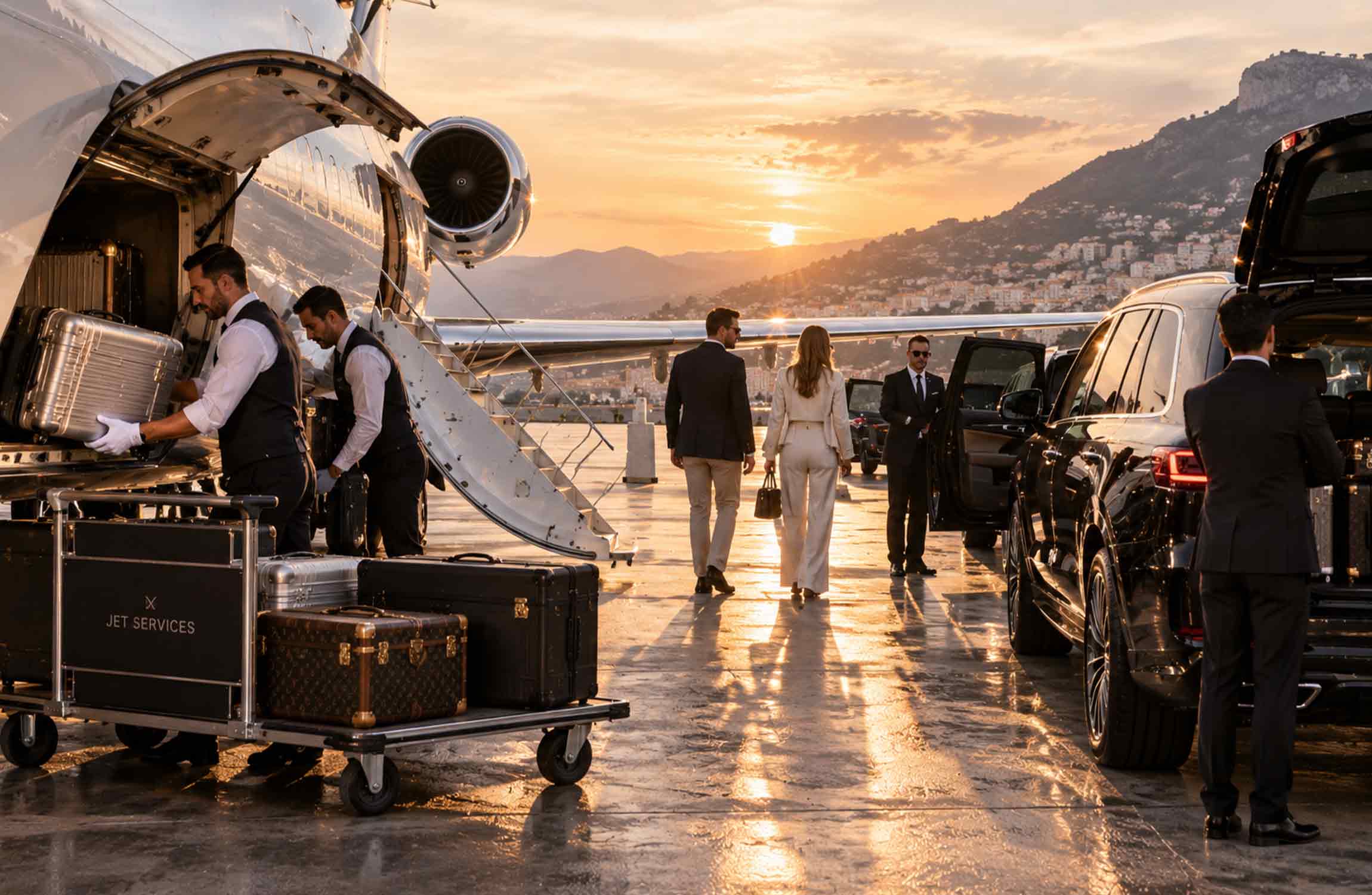 Luxury luggage transferred from a private jet to chauffeur-driven vehicles during an exclusive round-the-world journey