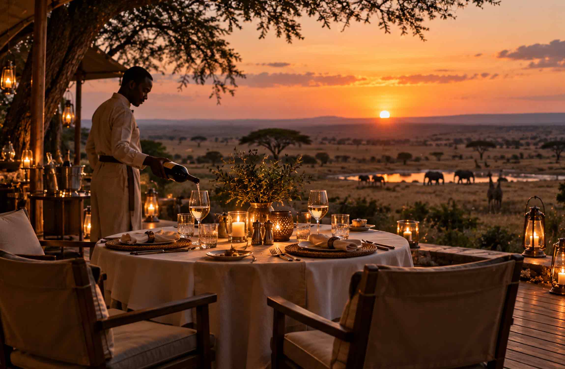 Luxury private candlelit dinner overlooking the Serengeti at sunset with elephants and African wildlife in the distance