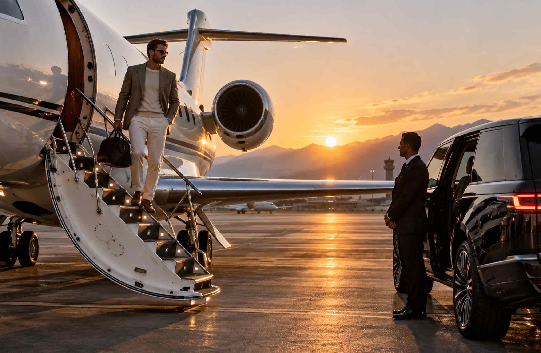 Luxury traveller descending from a private jet at sunrise with a chauffeur-driven vehicle waiting on the airport tarmac