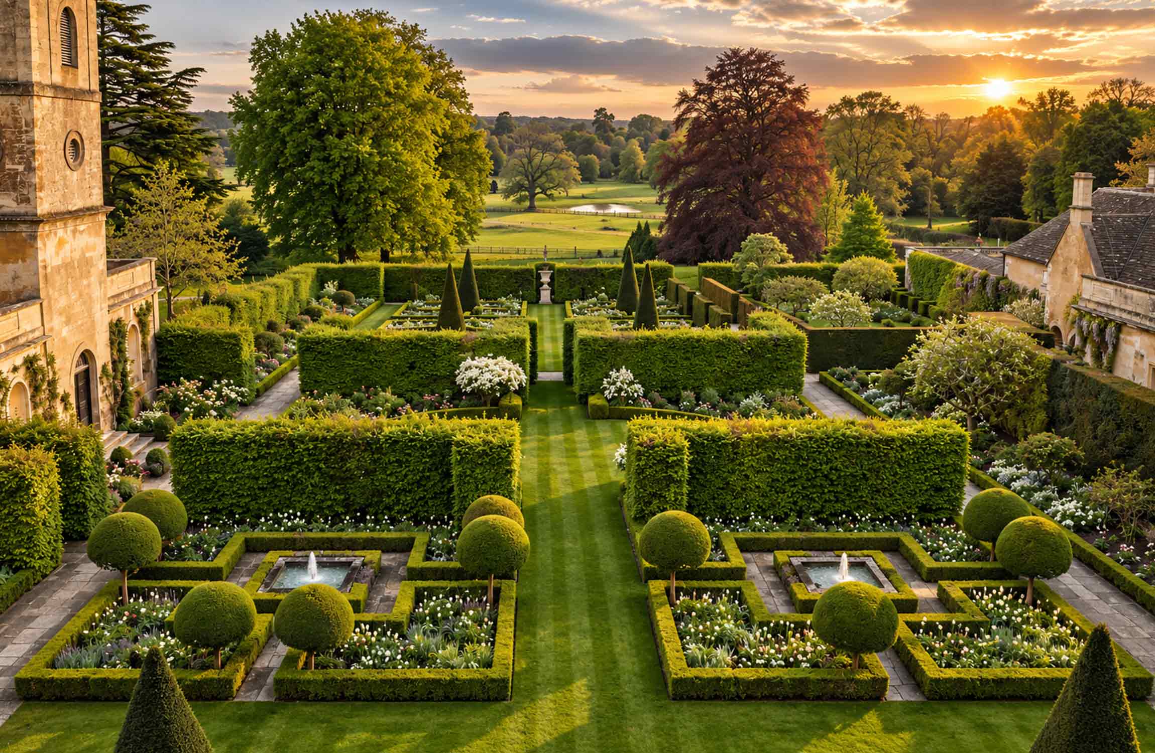 Formal gardens of Badminton House in Gloucestershire, the historic estate used as Halstead Manor in Netflix's The Gentlemen.
