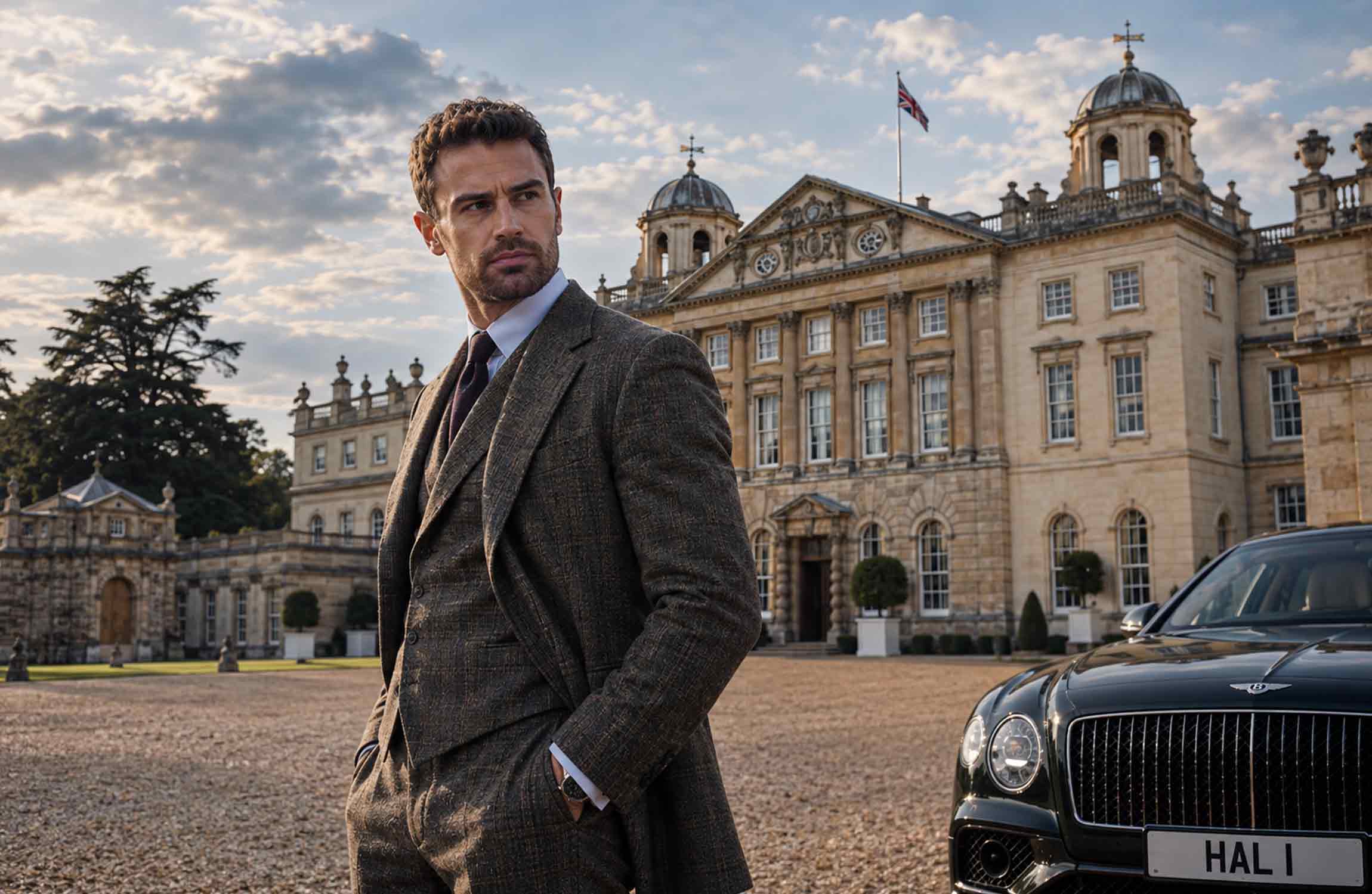 Eddie Horniman with his dog outside Halstead Manor, inspired by Netflix's The Gentlemen and the historic Badminton House estate.