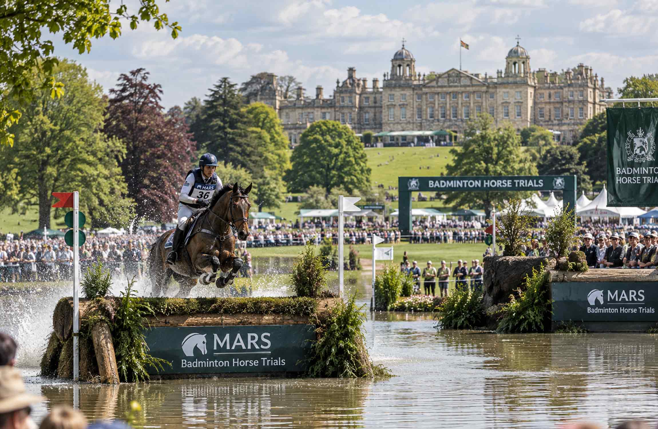 Horse and rider competing on the cross-country course at the Badminton Horse Trials, with Badminton House in the background.